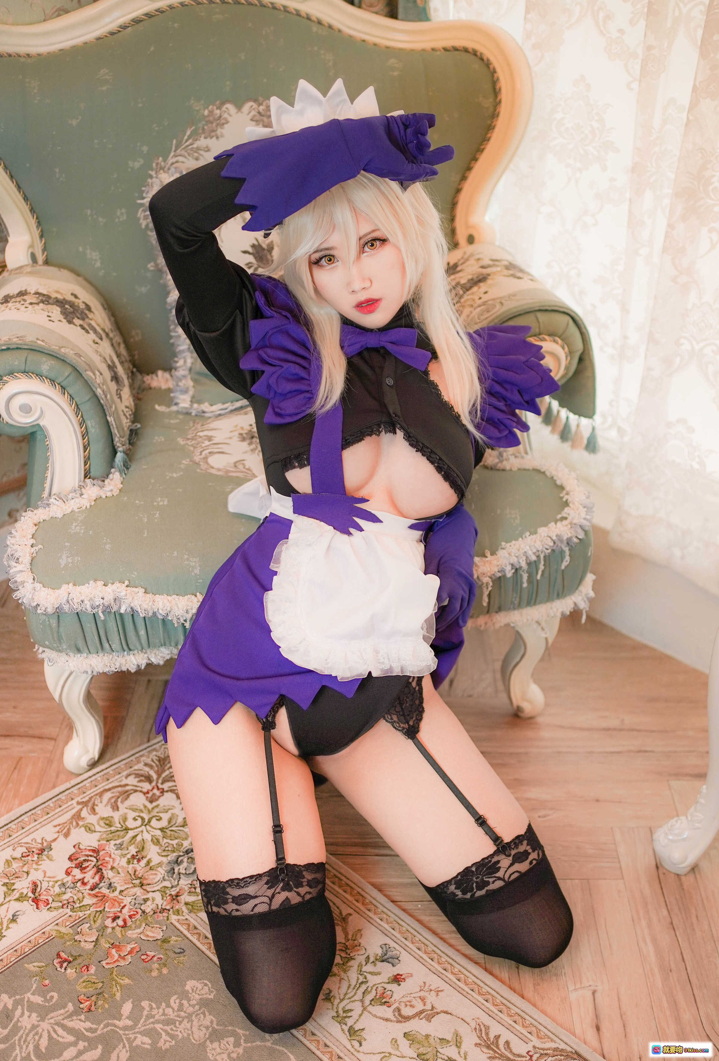 图片[9] - KaYa萱 NO.037 泳装阿尔托莉雅女仆Cosplay 黑色蕾丝长袜高跟鞋 白发紫蝴蝶结 优雅楼梯写真 24P高清图集 - 就要吻