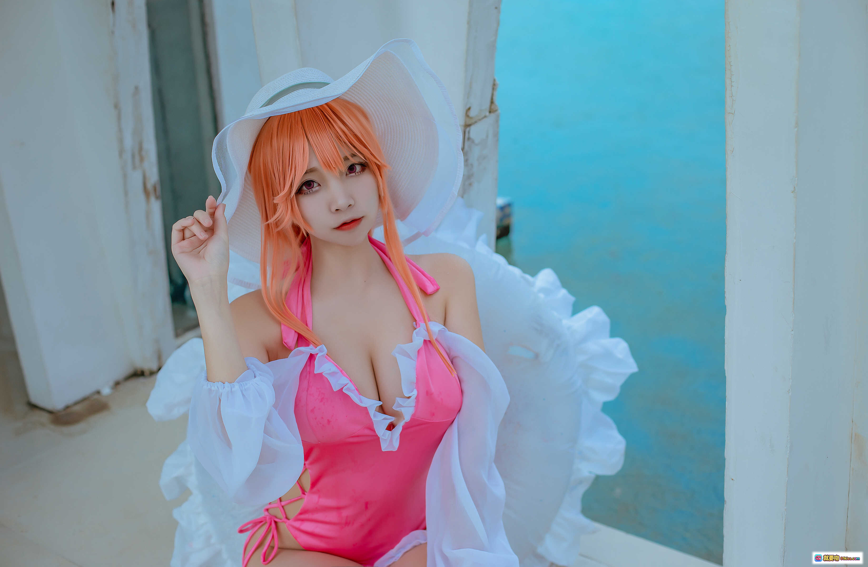 图片[2] - 二佐Nisa NO.111 碧蓝黎塞留泳装写真｜粉色比基尼+白色薄纱外套+泳池边性感造型 [9P] - 就要吻