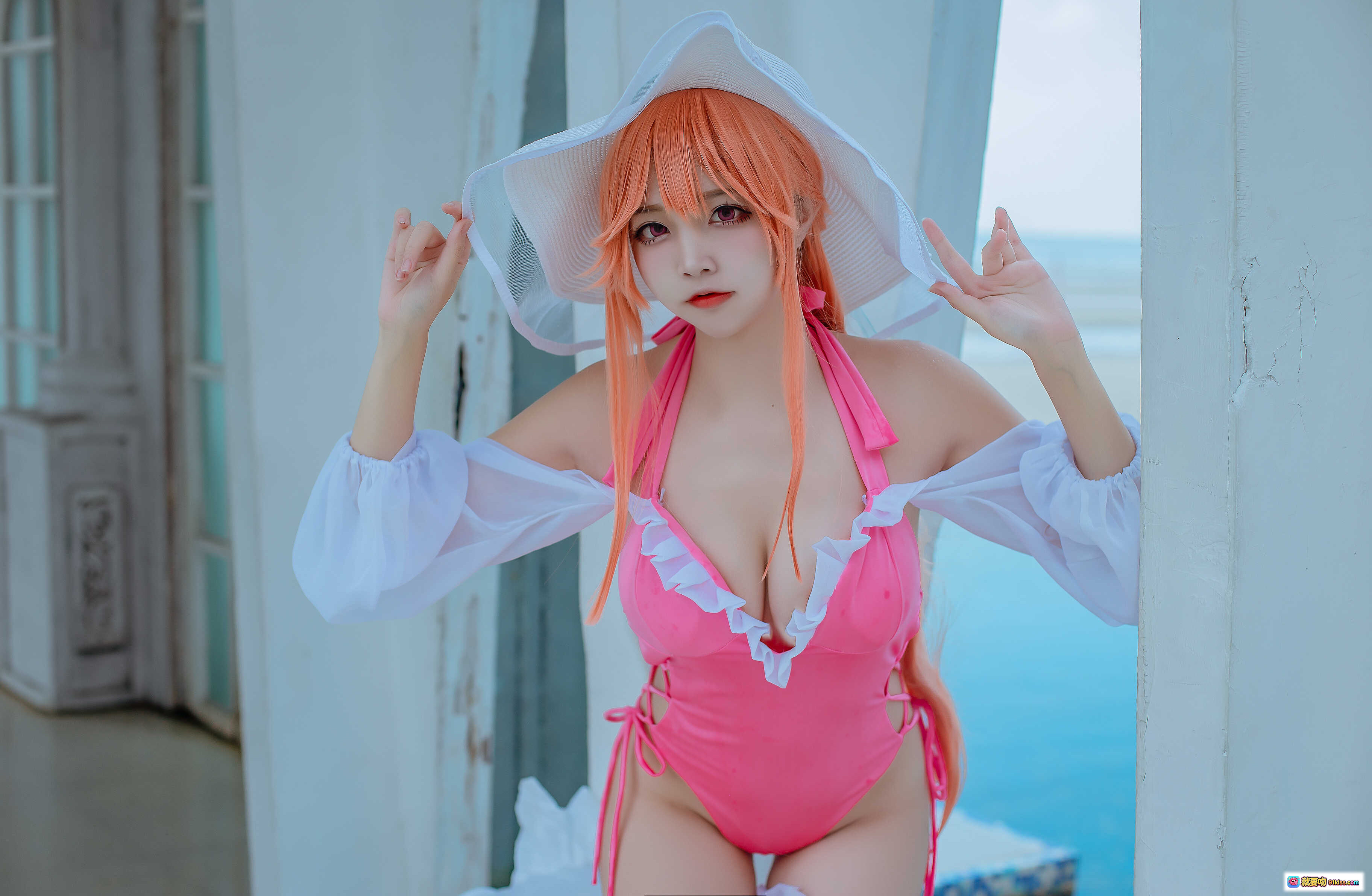 图片[6] - 二佐Nisa NO.111 碧蓝黎塞留泳装写真｜粉色比基尼+白色薄纱外套+泳池边性感造型 [9P] - 就要吻