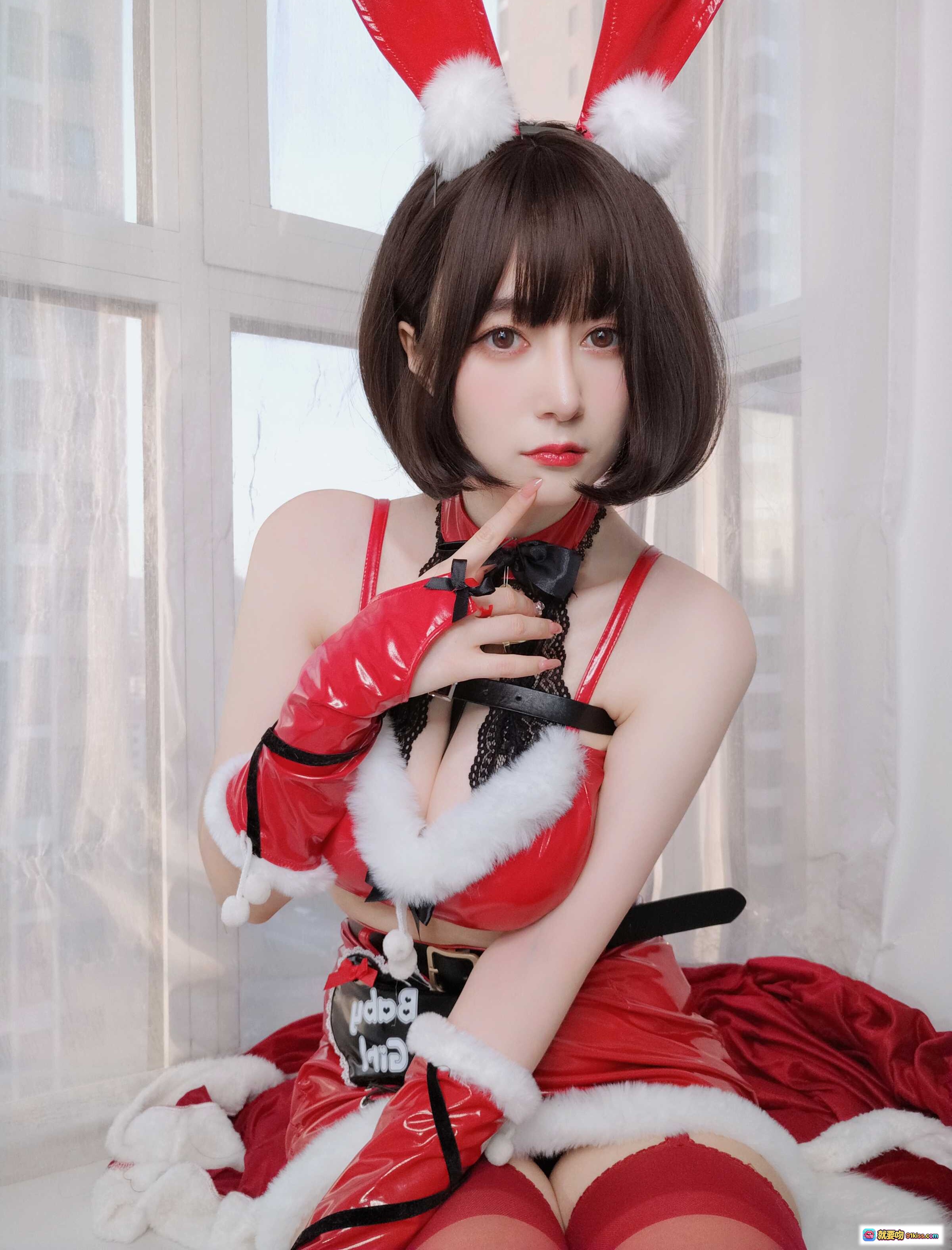图片[7] - 白银81 NO.094 圣诞兔女郎cosplay 红色亮面制服 白毛绒边饰 兔耳发箍 黑蕾丝吊带 红丝袜 12月会员合集 12-26 Merry Christmas - 就要吻