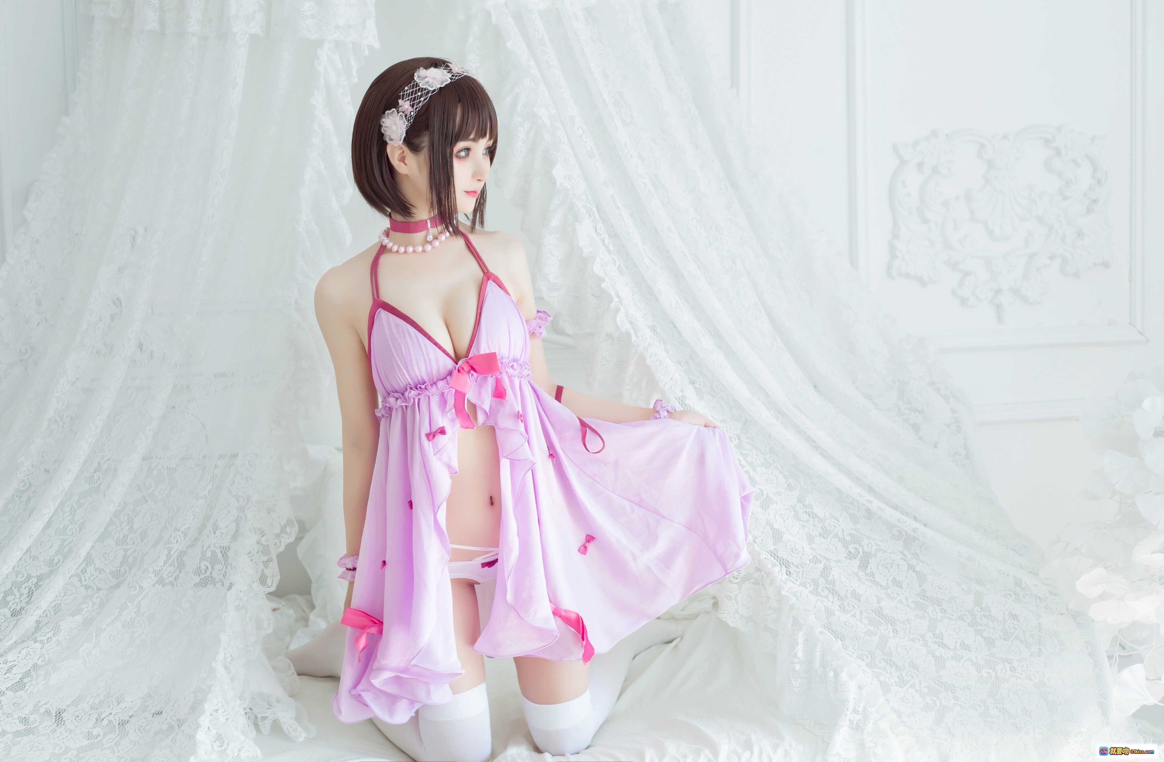 图片[10] - 桜井宁宁NO.041加藤惠cosplay 粉色蕾丝睡衣+草莓蛋糕+花环头饰+白丝美腿 甜美少女写真 - 就要吻