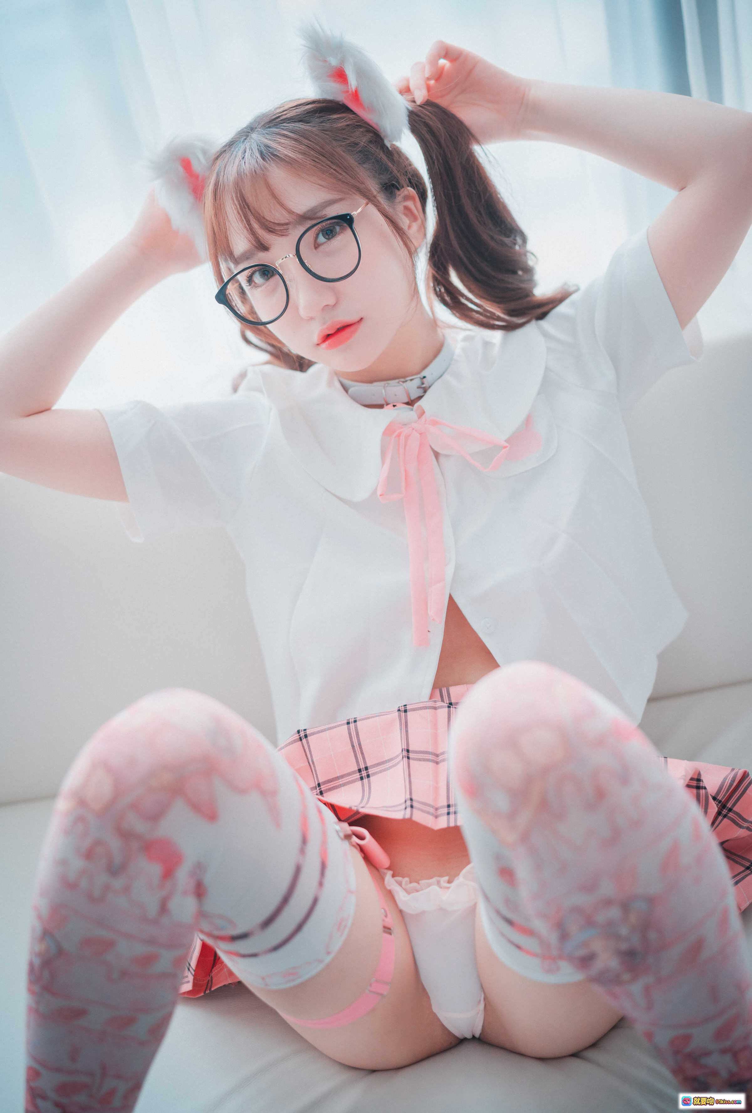 图片[9] - 孫樂樂 NO.029 DJAWA 可愛粉紅貓耳女僕裝 乳貼蕾絲吊襪 毛絨爪套 眼鏡萌系寫真 50P - 就要吻