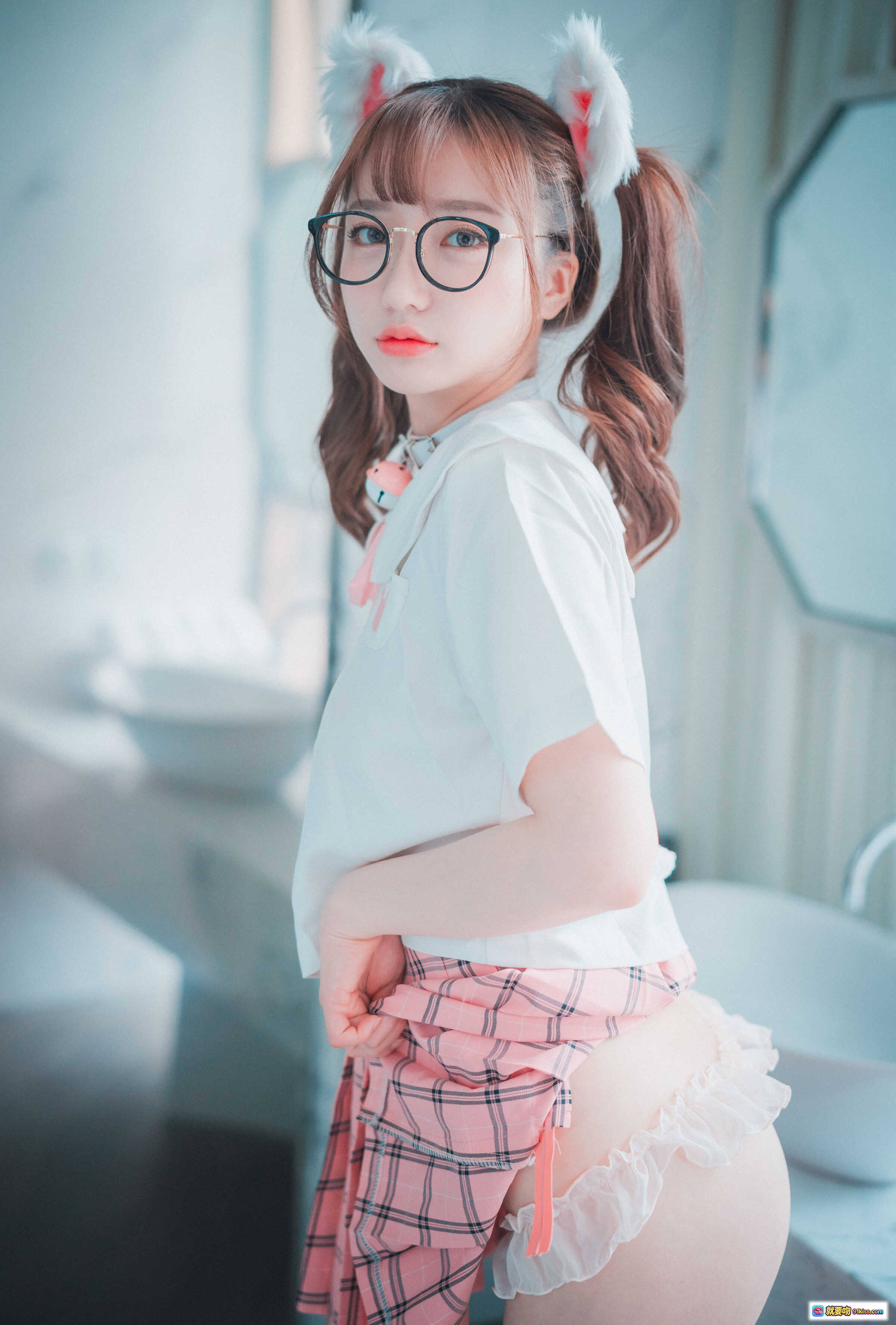 图片[4] - 孫樂樂 NO.029 DJAWA 可愛粉紅貓耳女僕裝 乳貼蕾絲吊襪 毛絨爪套 眼鏡萌系寫真 50P - 就要吻