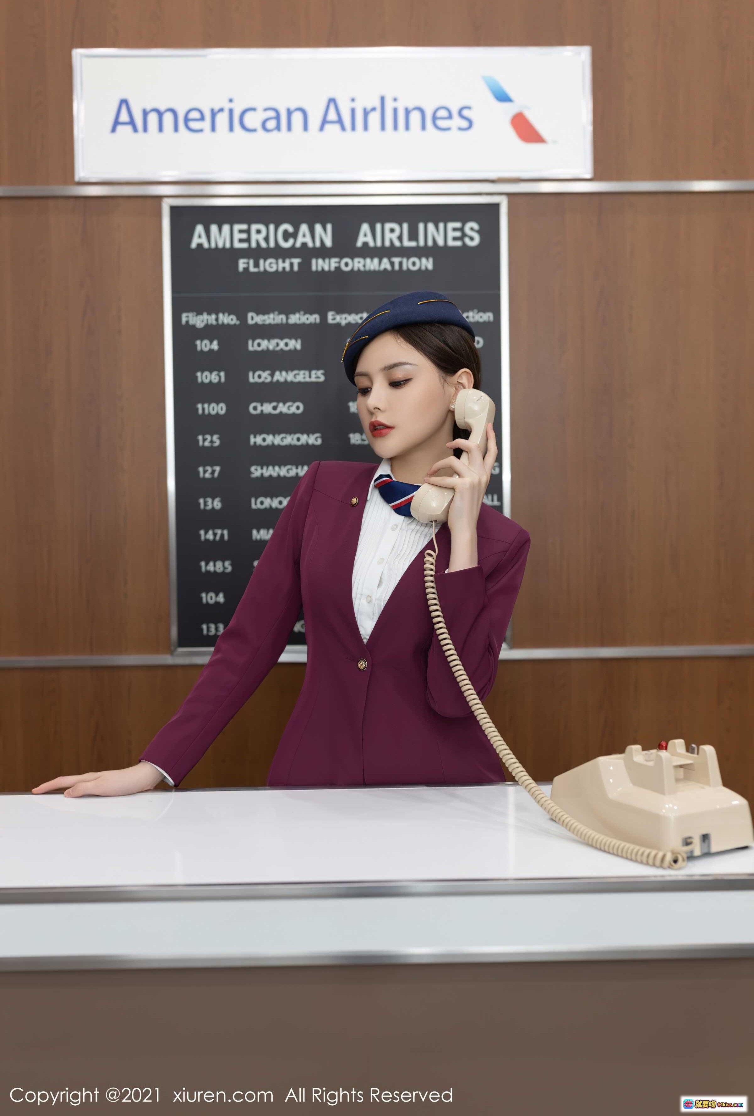 图片[6] - 王心怡空姐制服写真 | 东方航空柜台服务场景 | 复古电话打字机道具 | 秀人网2021高清摄影 - 就要吻