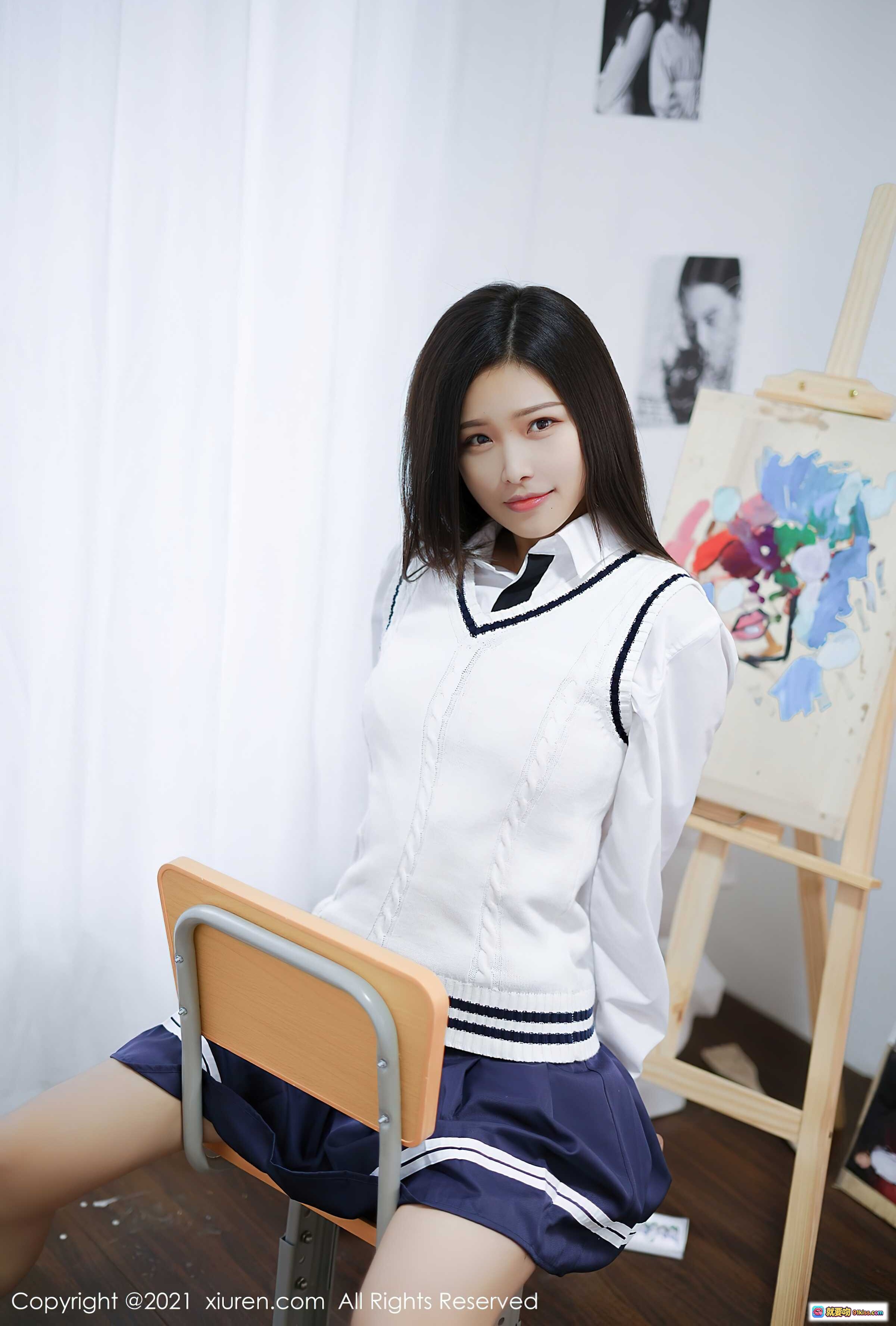 图片[9] - 星萌校服少女绘画写真 | XIUREN秀人网2021.09.29 No.4013 | 白衬衫蓝裙艺术创作场景 - 就要吻
