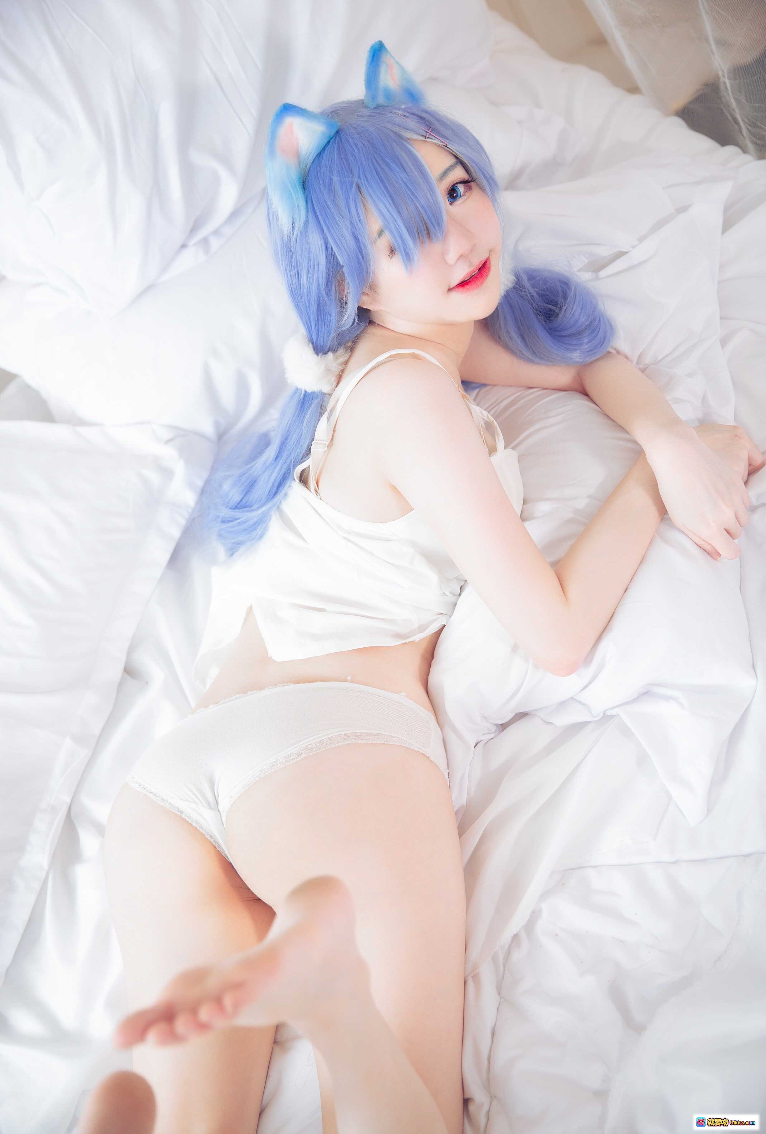 图片[7] - Sally Dorasnow NO.022 Rem White Kitty Cosplay 蓝发猫耳少女 白色内衣床照 49P高清写真 - 就要吻