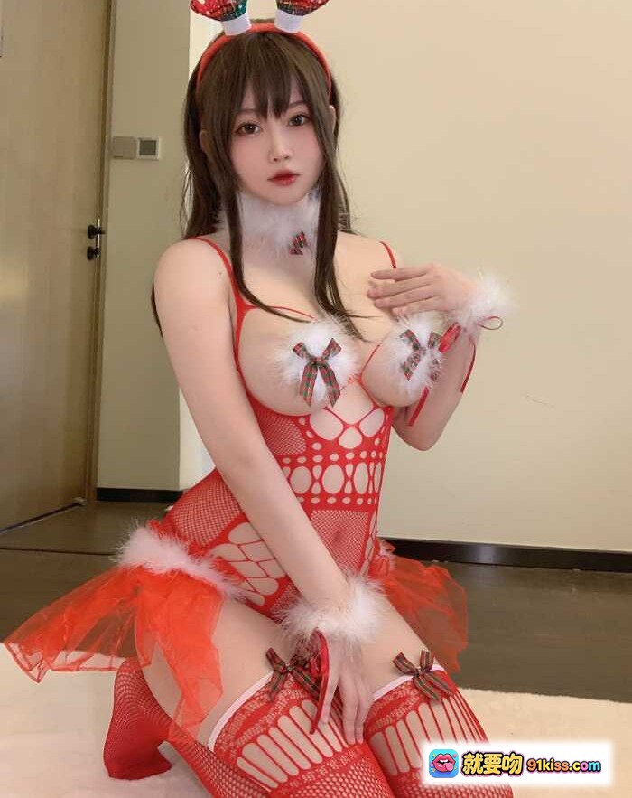 依酱呀NO.046 2021圣诞特辑驯鹿装 红色网纱镂空连体衣+毛绒蝴蝶结+鹿角发箍+圣诞主题写真 - 就要吻