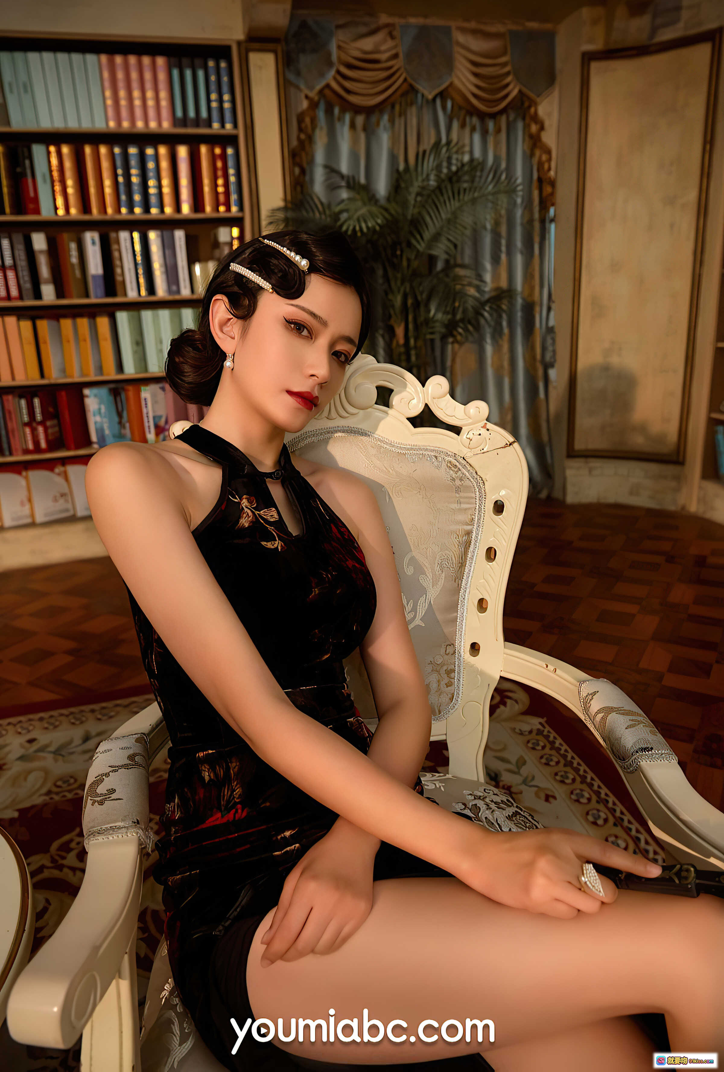 图片[3] - YouMi尤蜜2021.07.25胭脂扣林夕写真｜复古旗袍黑蕾丝扇子书架优雅坐姿高清美图 - 就要吻