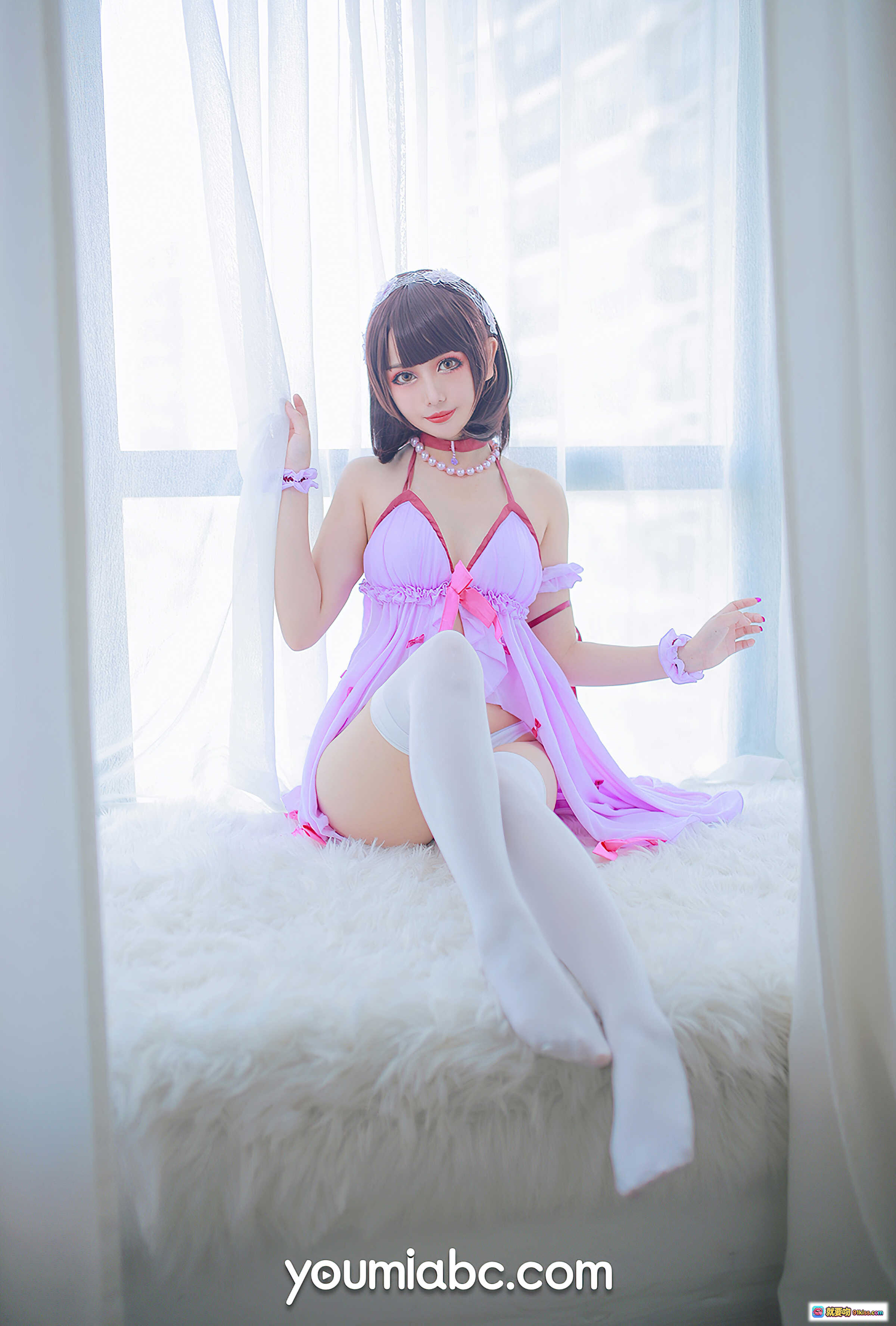 图片[6] - 加藤惠睡衣派对写真NO.017 紫色蕾丝内衣+透明薄纱+镜前美臀特写 22P高清图集 - 就要吻