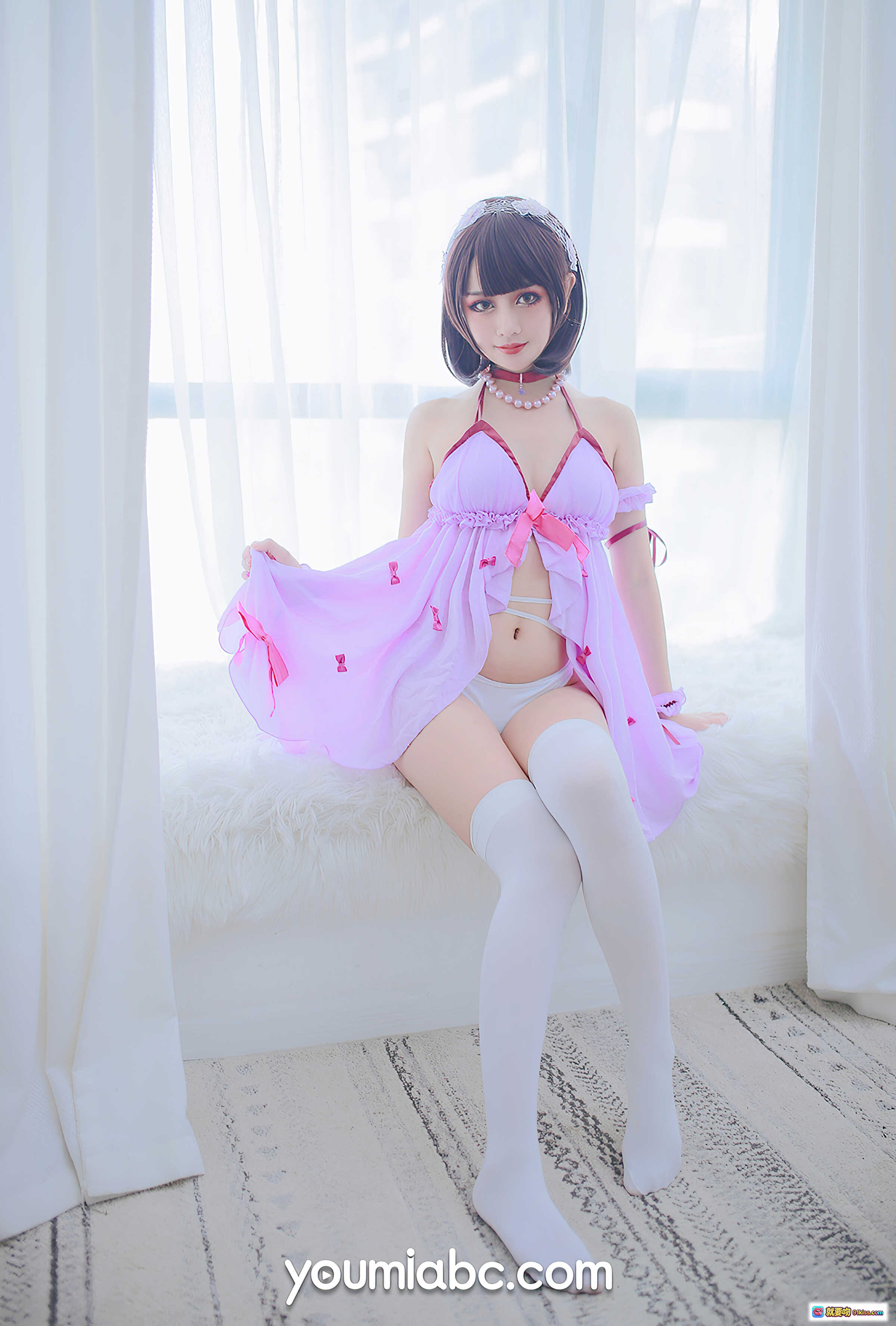 图片[5] - 加藤惠睡衣派对写真NO.017 紫色蕾丝内衣+透明薄纱+镜前美臀特写 22P高清图集 - 就要吻