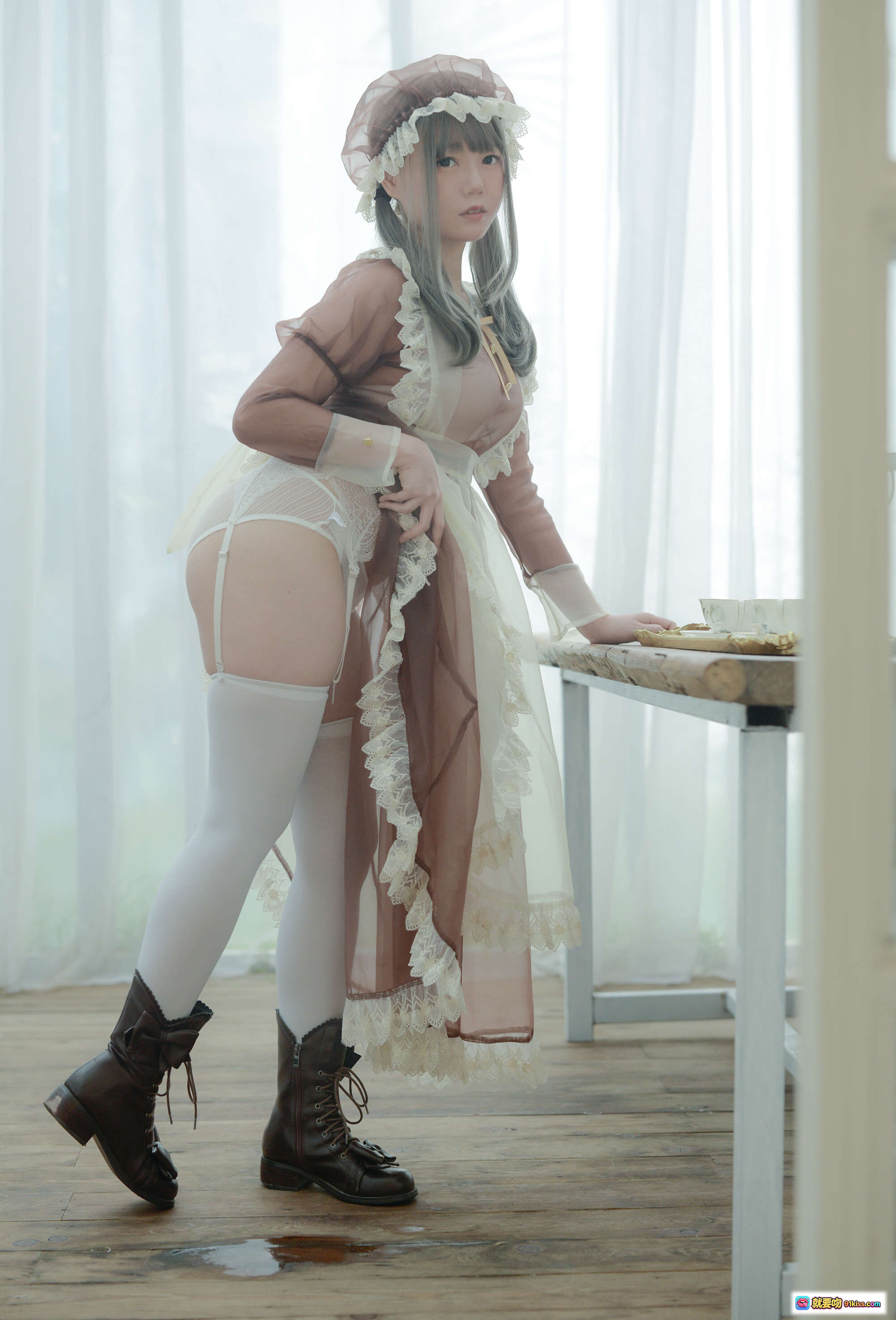 图片[4] - きょう肉肉 vol.17 ～Maid～ 白タイツ メイドコスプレ バスルーム撮影 ファッション フェミニン ロリータ風 透明感 キャラクター写真 - 就要吻