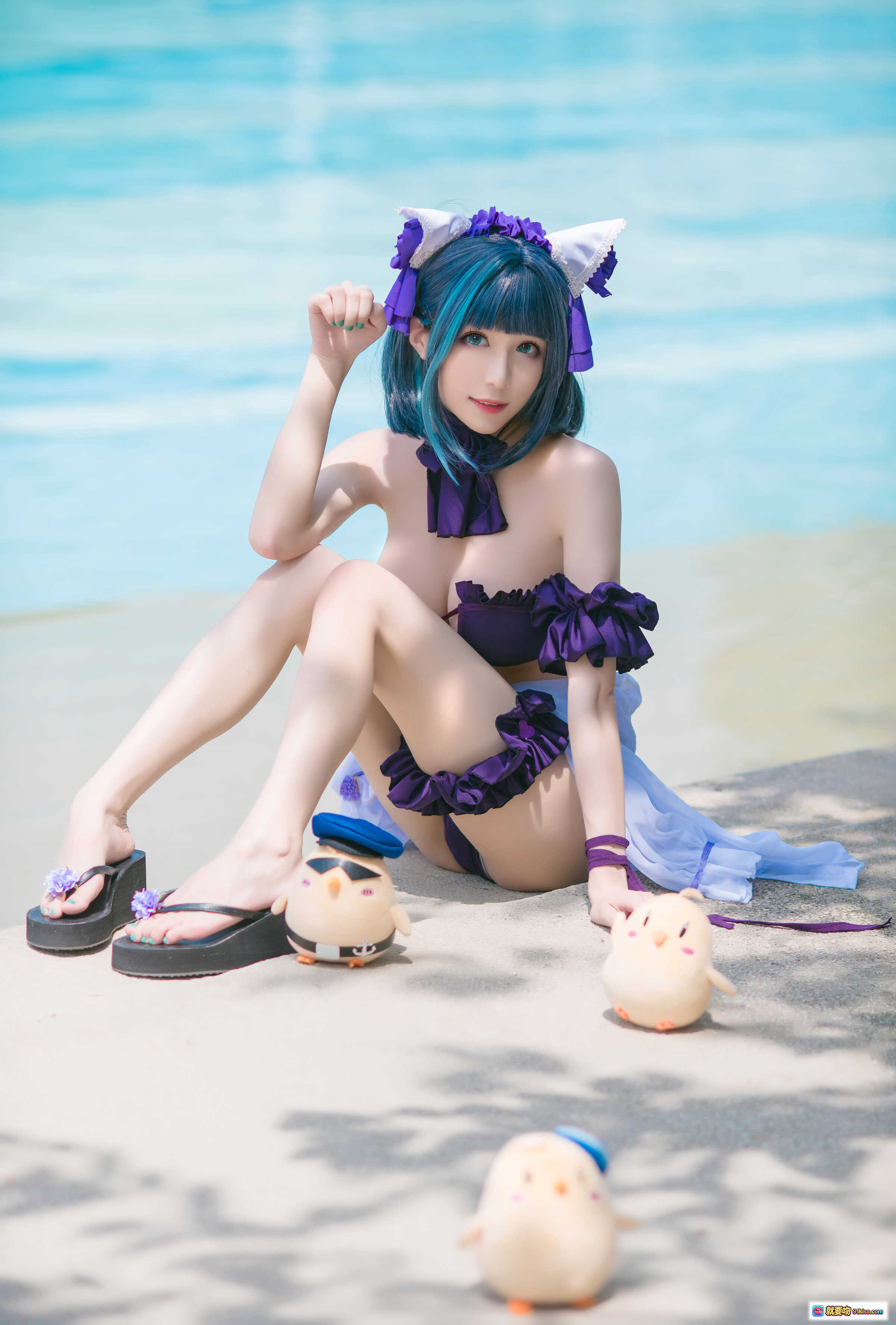 图片[10] - Tomoyo酱碧蓝柴郡泳装Cosplay写真 | 猫耳紫发少女泳池边性感诱惑18P - 就要吻