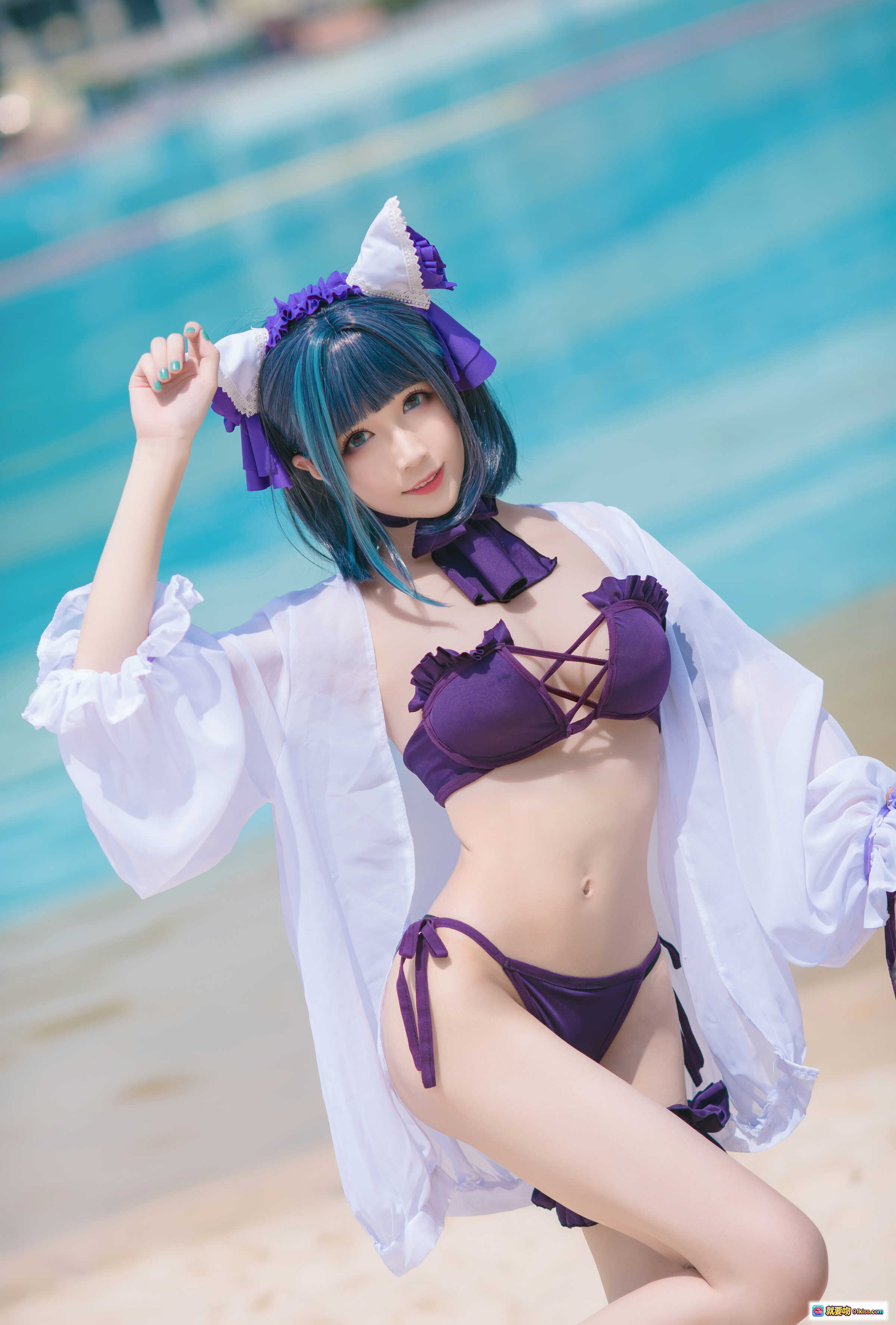 图片[6] - Tomoyo酱碧蓝柴郡泳装Cosplay写真 | 猫耳紫发少女泳池边性感诱惑18P - 就要吻