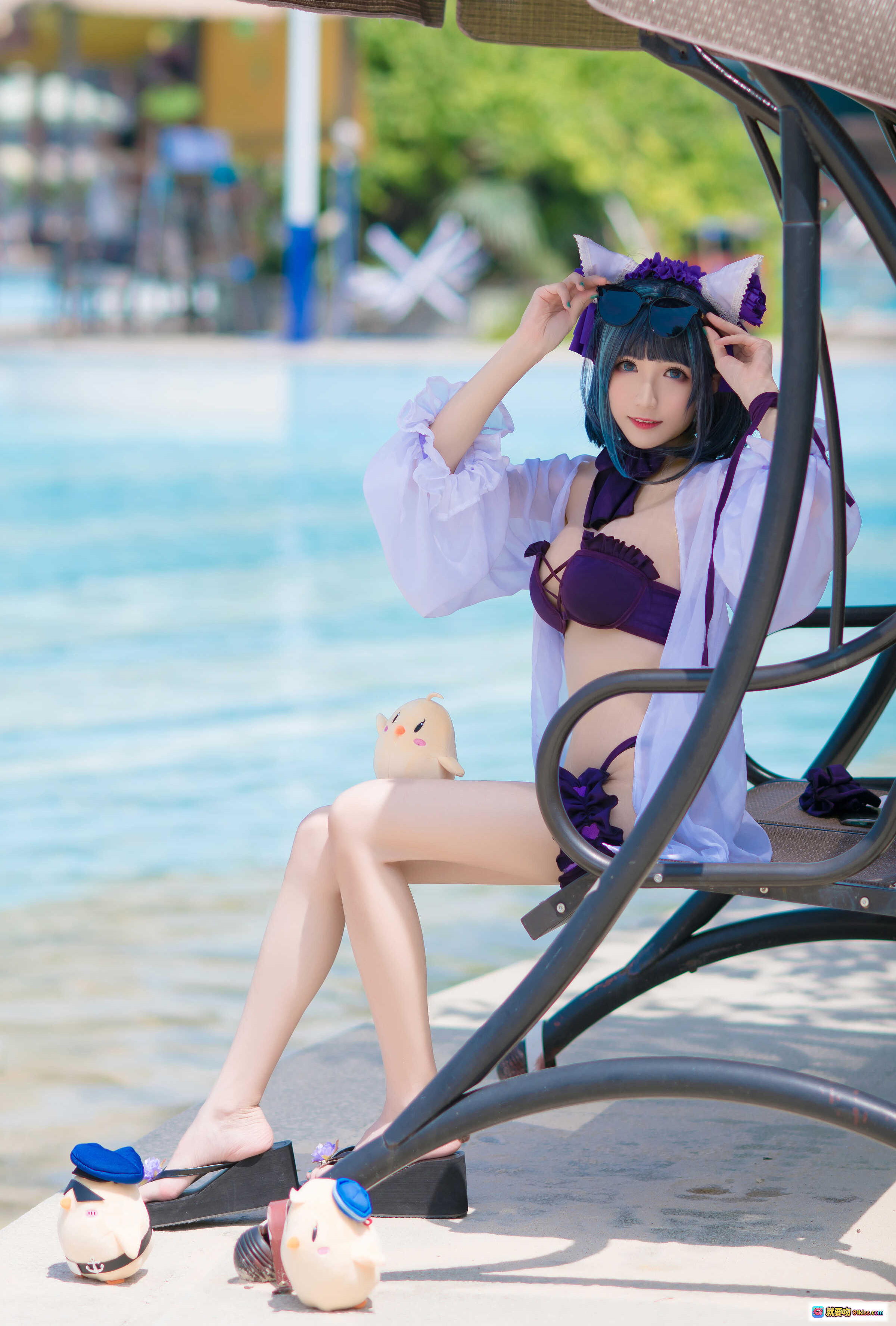 图片[3] - Tomoyo酱碧蓝柴郡泳装Cosplay写真 | 猫耳紫发少女泳池边性感诱惑18P - 就要吻
