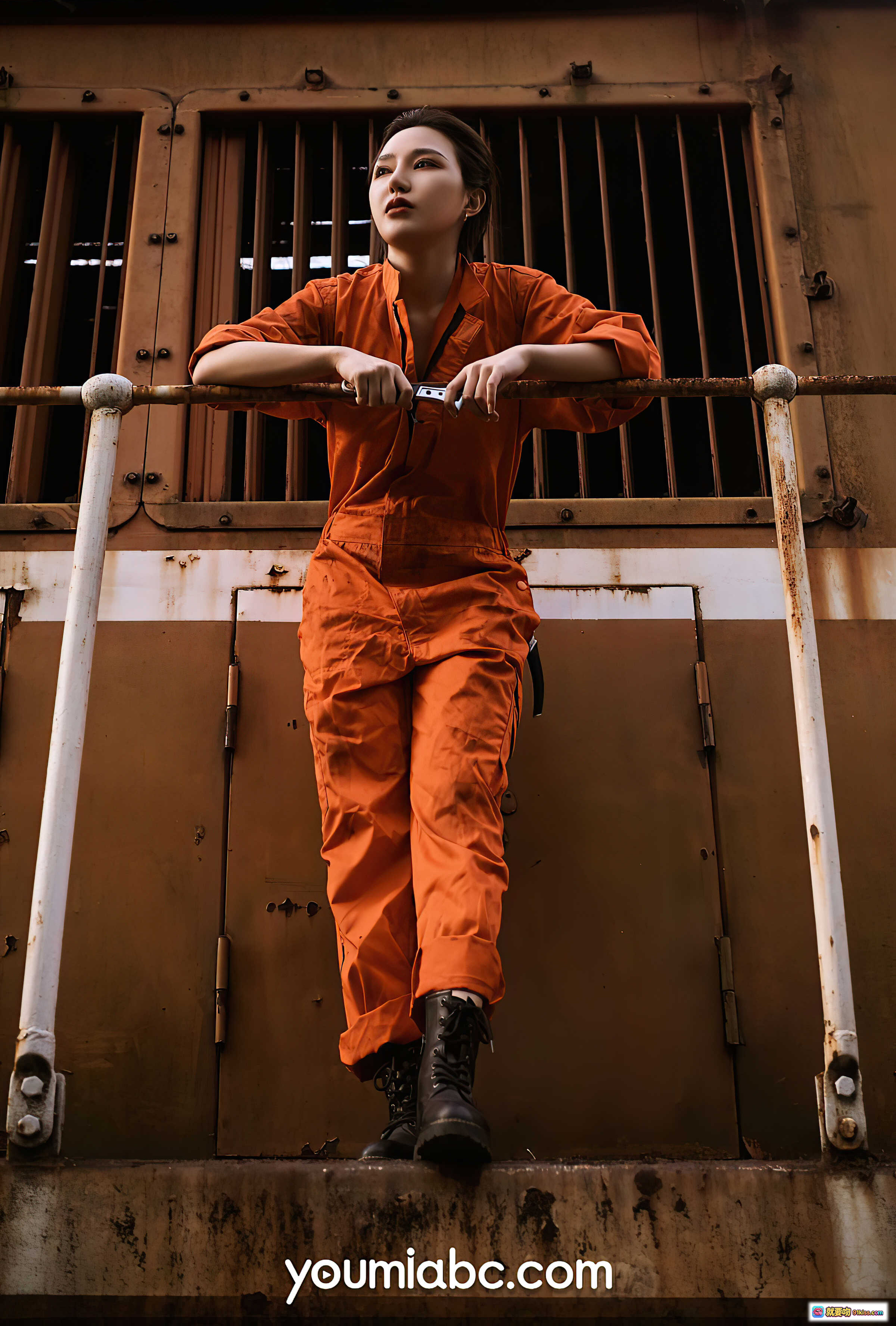 图片[10] - YouMi尤蜜2021.08.08文静儿橙色工装写真 火热维修作业户外铁轨场景自然光人像摄影 - 就要吻