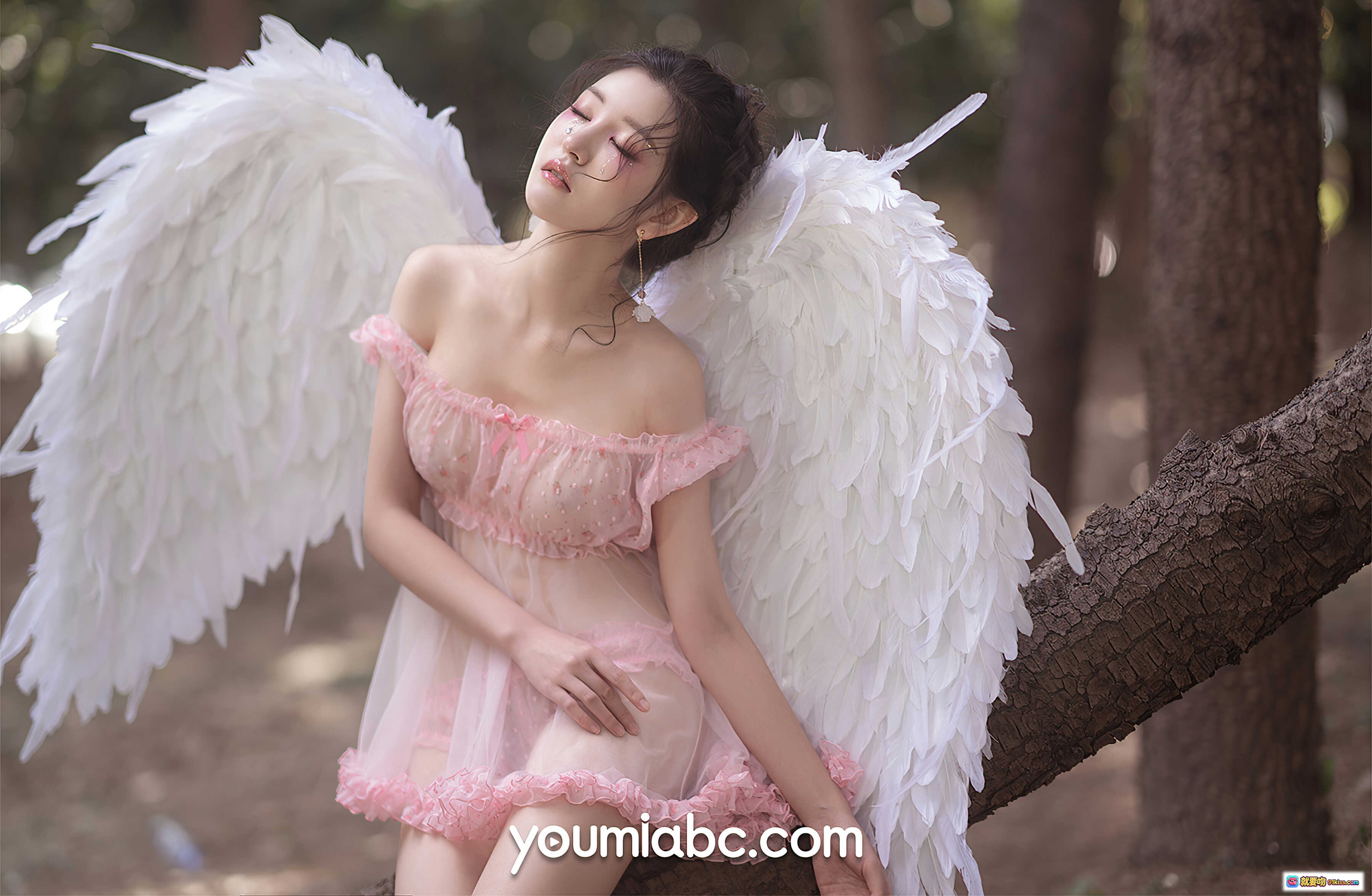 图片[2] - 粉天使沈梦瑶森林写真｜白色羽翼仙女裙｜梦幻唯美外景人像｜YouMi尤蜜2021.04.14 - 就要吻