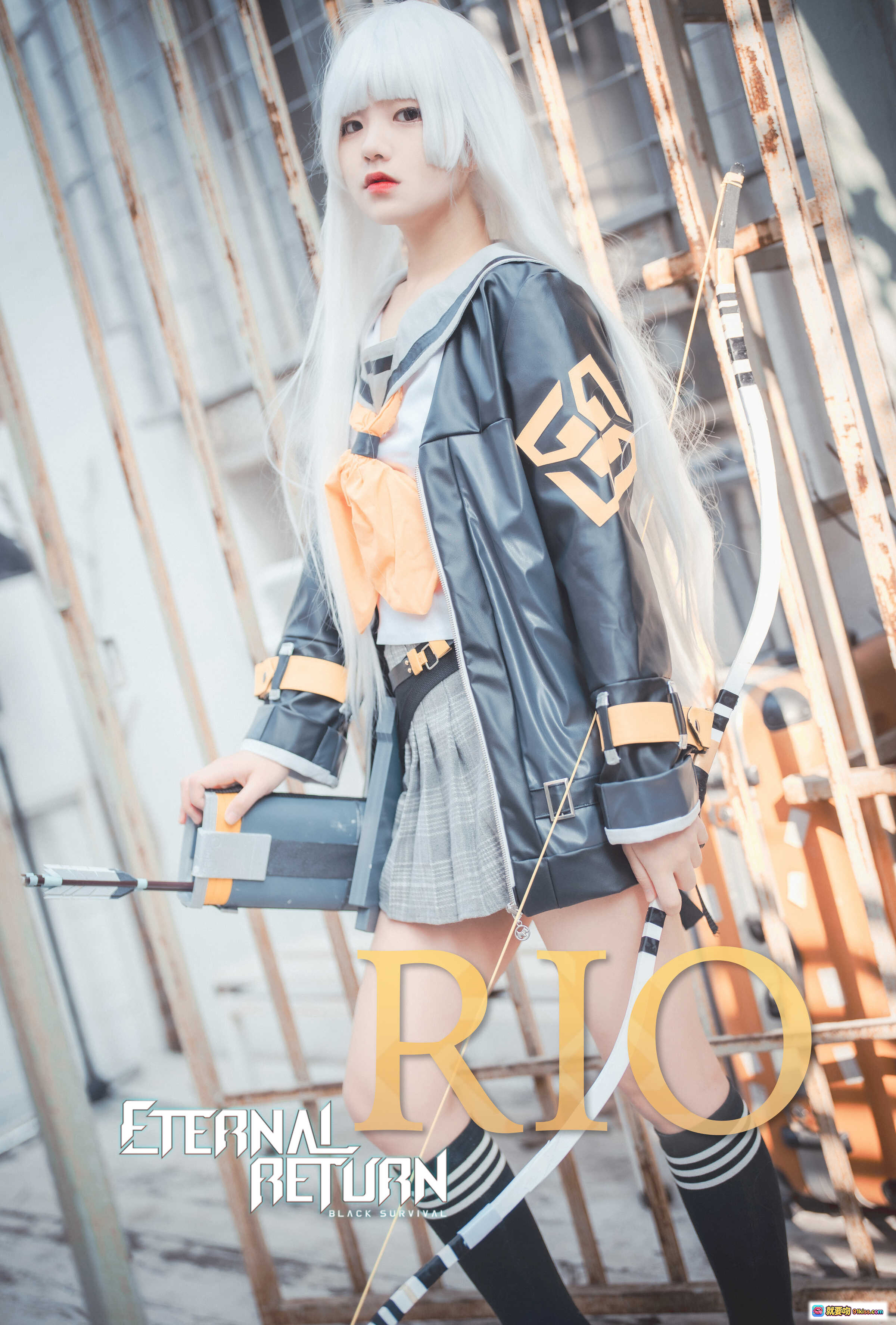 图片[1] - Jenny NO.032 DJAWA Eternal Return RIO Cosplay 精美银发少女弓箭手造型 黑色皮夹克格子裙 43P635M - 就要吻