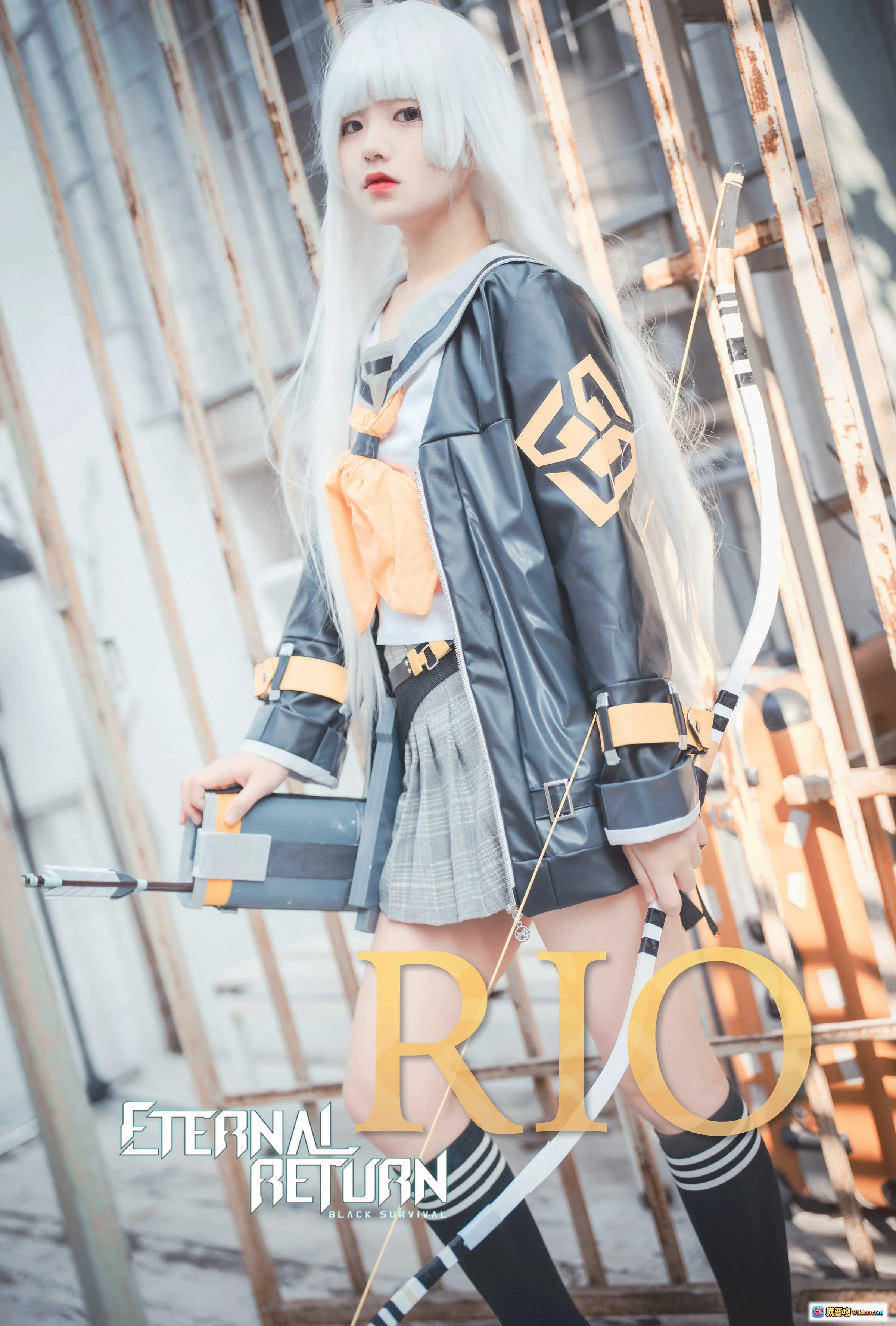 Jenny NO.032 DJAWA Eternal Return RIO Cosplay 精美银发少女弓箭手造型 黑色皮夹克格子裙 43P635M - 就要吻