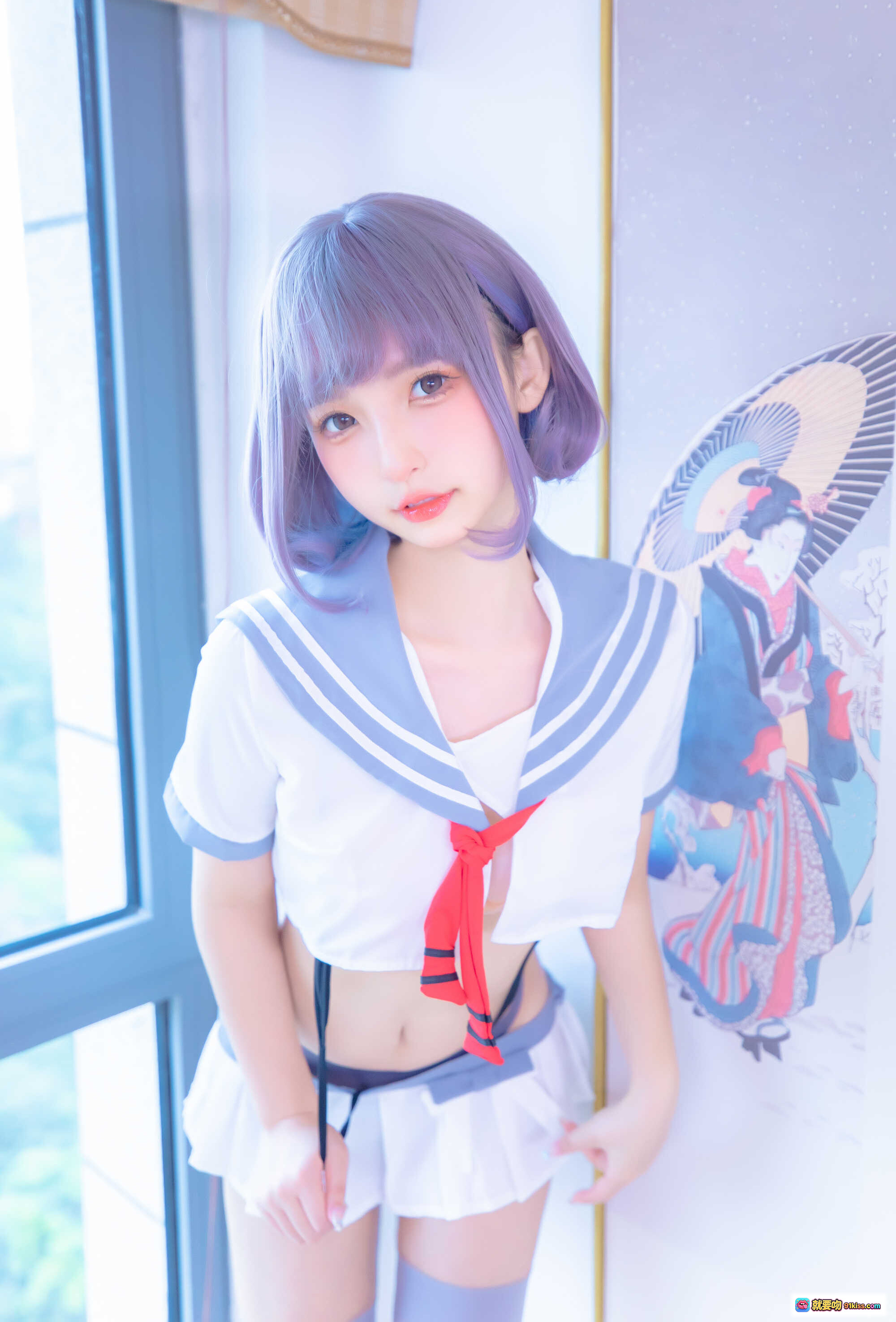 图片[4] - 神楽坂真冬灰丝吊带JK制服写真 紫发少女室内清新风格75P高清图集 - 就要吻