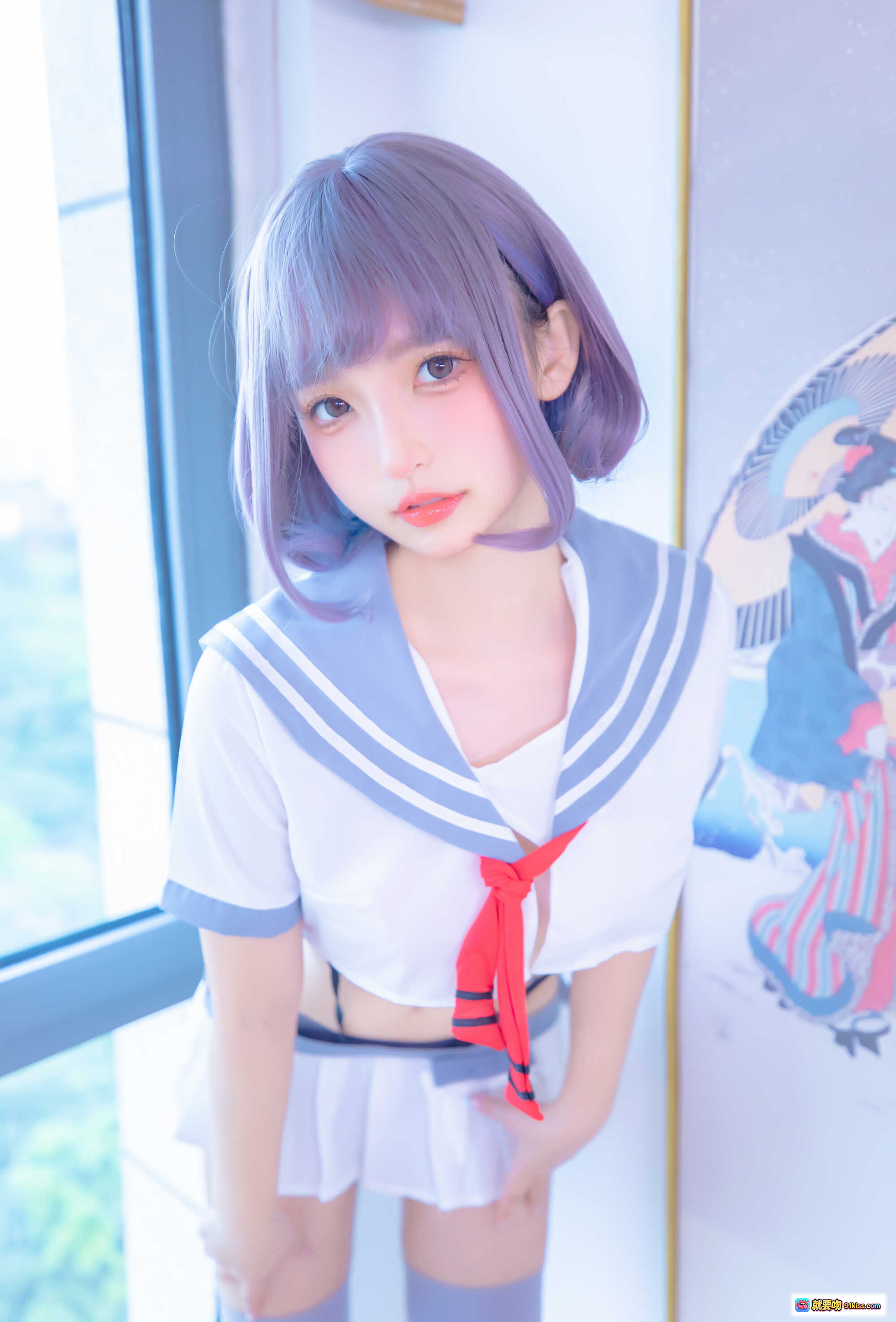 图片[3] - 神楽坂真冬灰丝吊带JK制服写真 紫发少女室内清新风格75P高清图集 - 就要吻