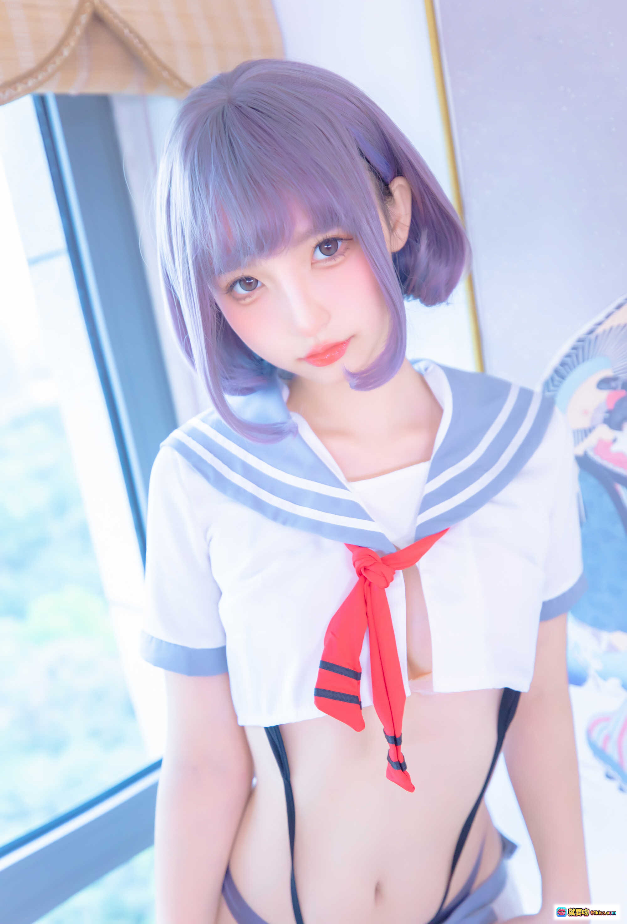 图片[2] - 神楽坂真冬灰丝吊带JK制服写真 紫发少女室内清新风格75P高清图集 - 就要吻