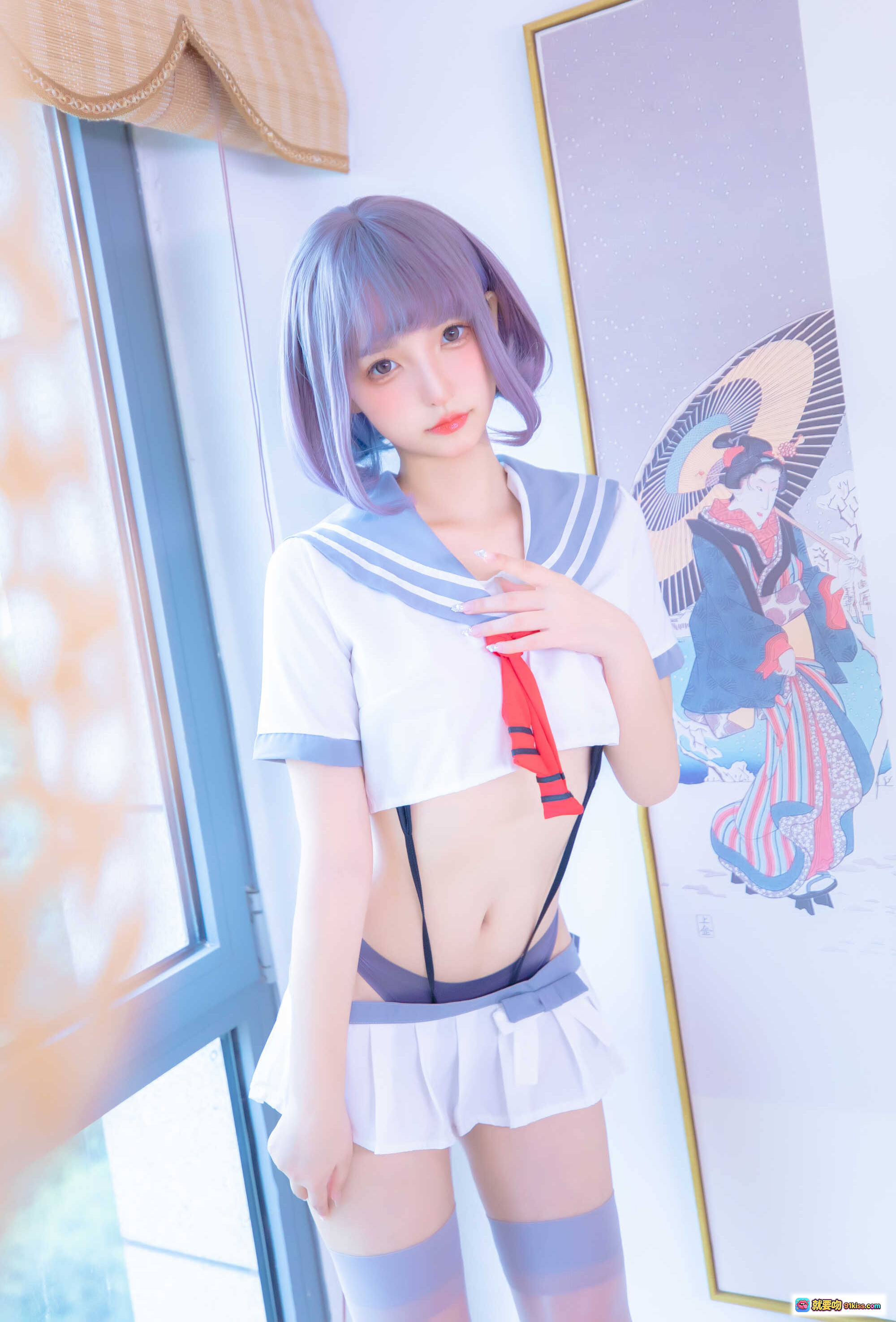 图片[5] - 神楽坂真冬灰丝吊带JK制服写真 紫发少女室内清新风格75P高清图集 - 就要吻