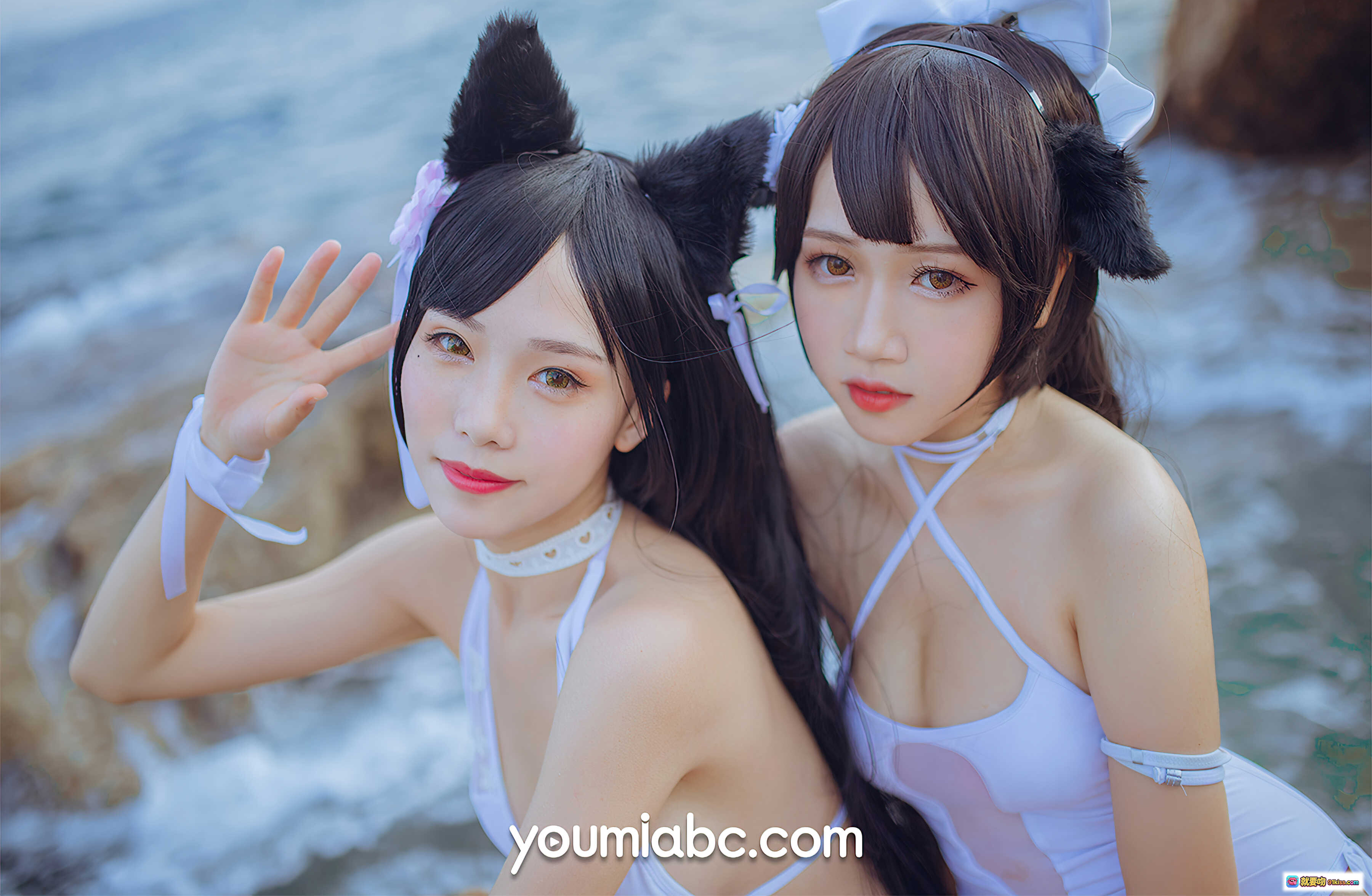 图片[10] - 碧蓝航线泳装COS抖娘利世海边岩石写真·YouMi尤蜜2021.04.01·猫耳双马尾白裙少女沙滩风情 - 就要吻