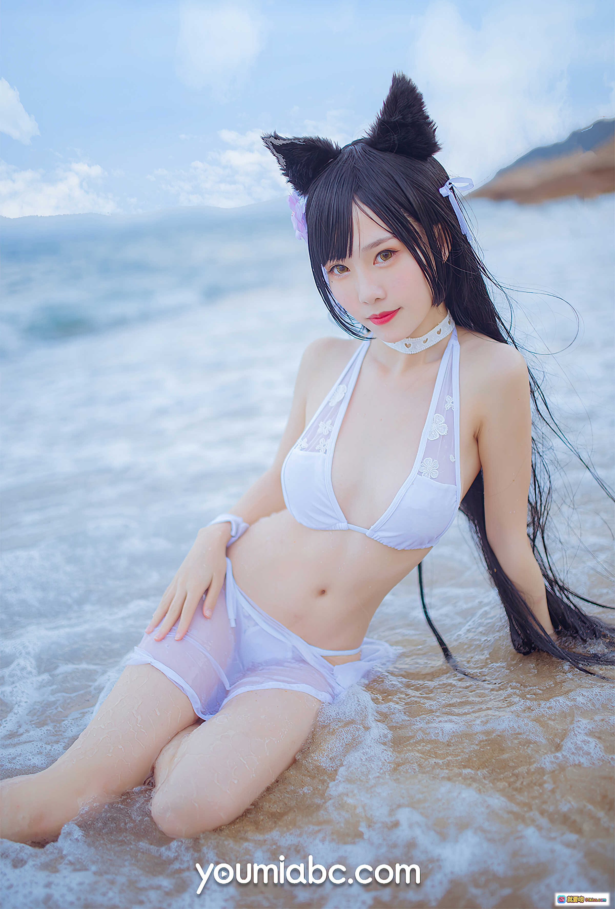 图片[4] - 碧蓝航线泳装COS抖娘利世海边岩石写真·YouMi尤蜜2021.04.01·猫耳双马尾白裙少女沙滩风情 - 就要吻