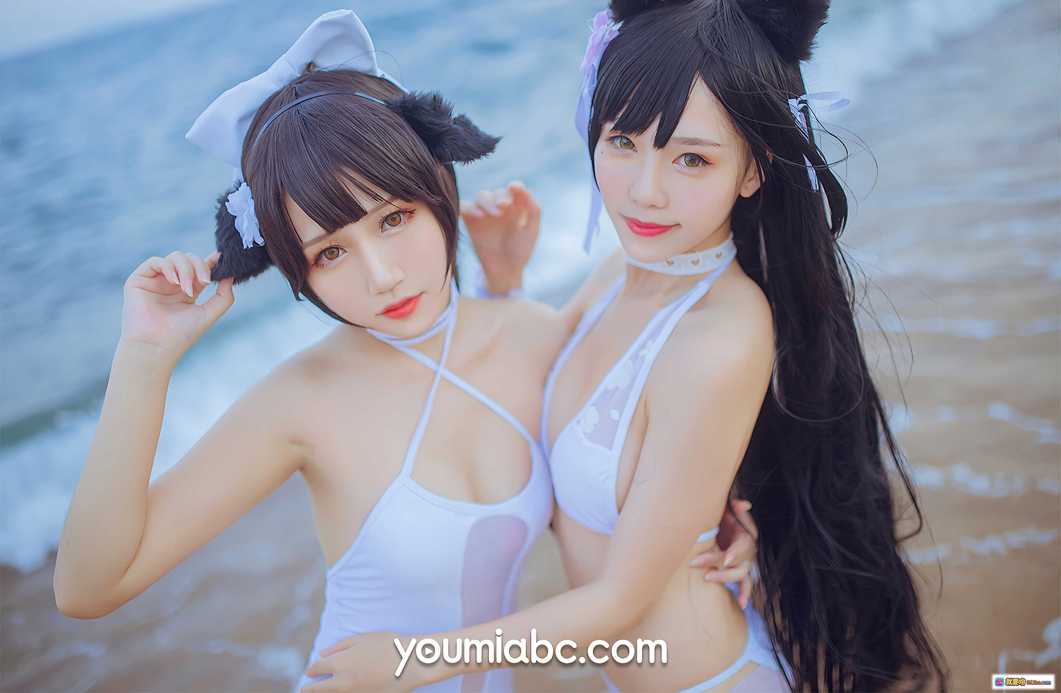 图片[2] - 碧蓝航线泳装COS抖娘利世海边岩石写真·YouMi尤蜜2021.04.01·猫耳双马尾白裙少女沙滩风情 - 就要吻