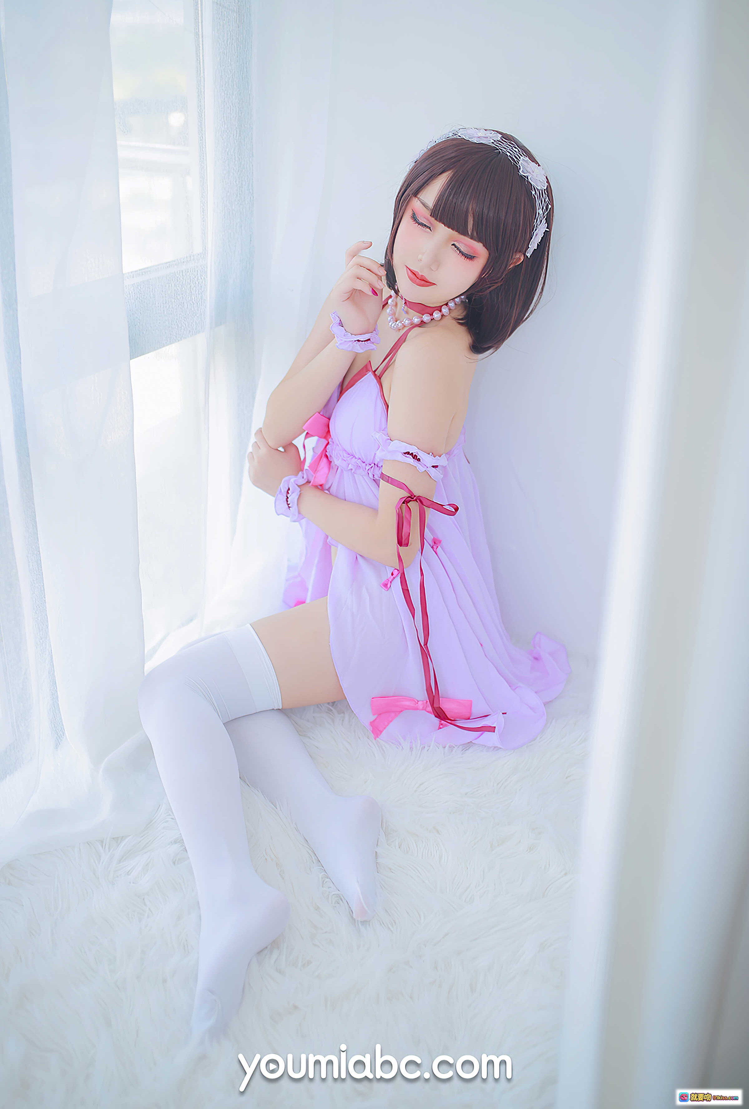 图片[10] - 加藤惠睡衣派对写真｜粉色蕾丝吊带+白色过膝袜+珍珠颈链｜YouMi尤蜜2020.12.17高清美图 - 就要吻