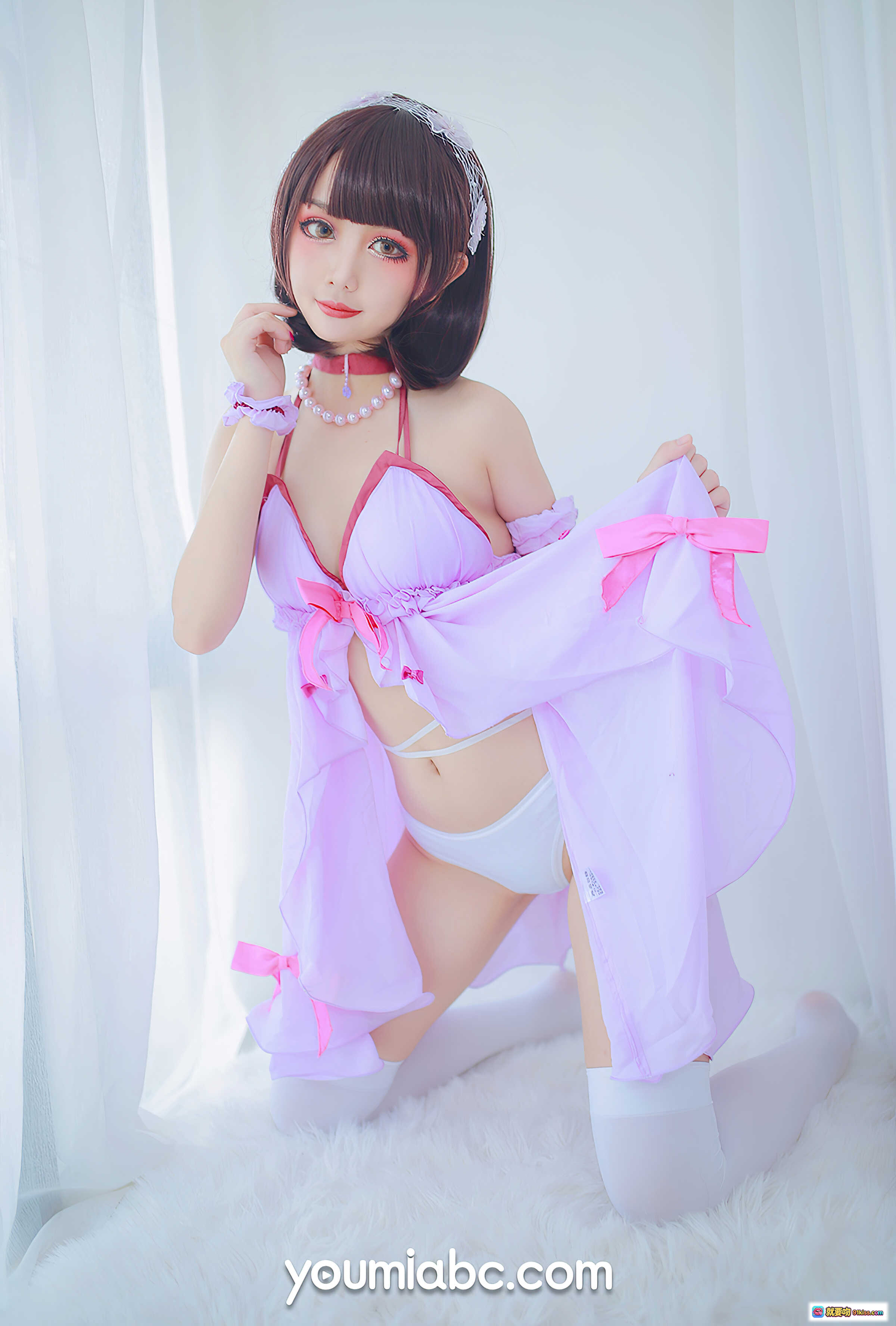 图片[8] - 加藤惠睡衣派对写真｜粉色蕾丝吊带+白色过膝袜+珍珠颈链｜YouMi尤蜜2020.12.17高清美图 - 就要吻