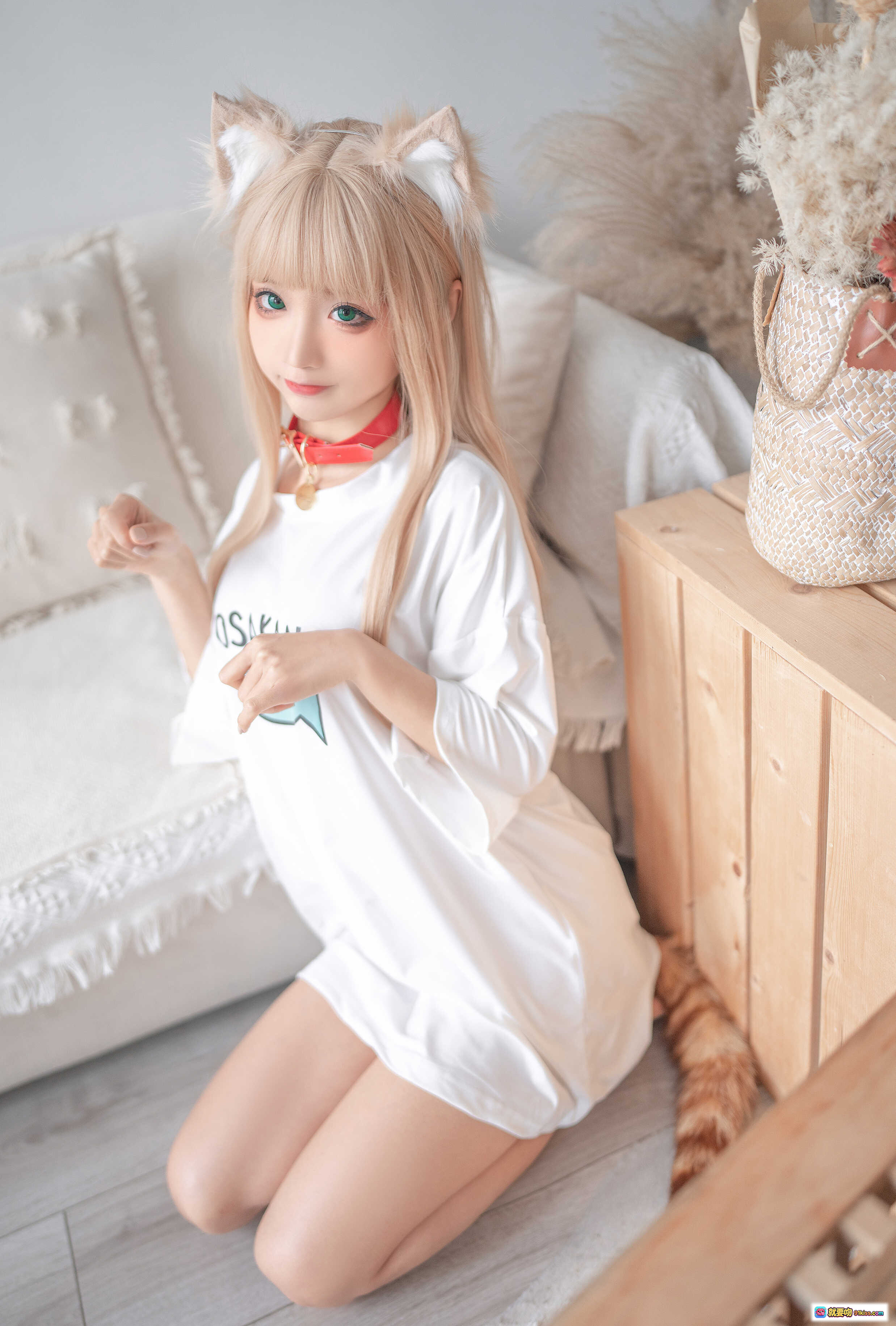 蠢沫沫NO.150黄豆粉cos写真 | 猫耳少女白T短裙跪姿萌态 | 140P高清图集 - 就要吻