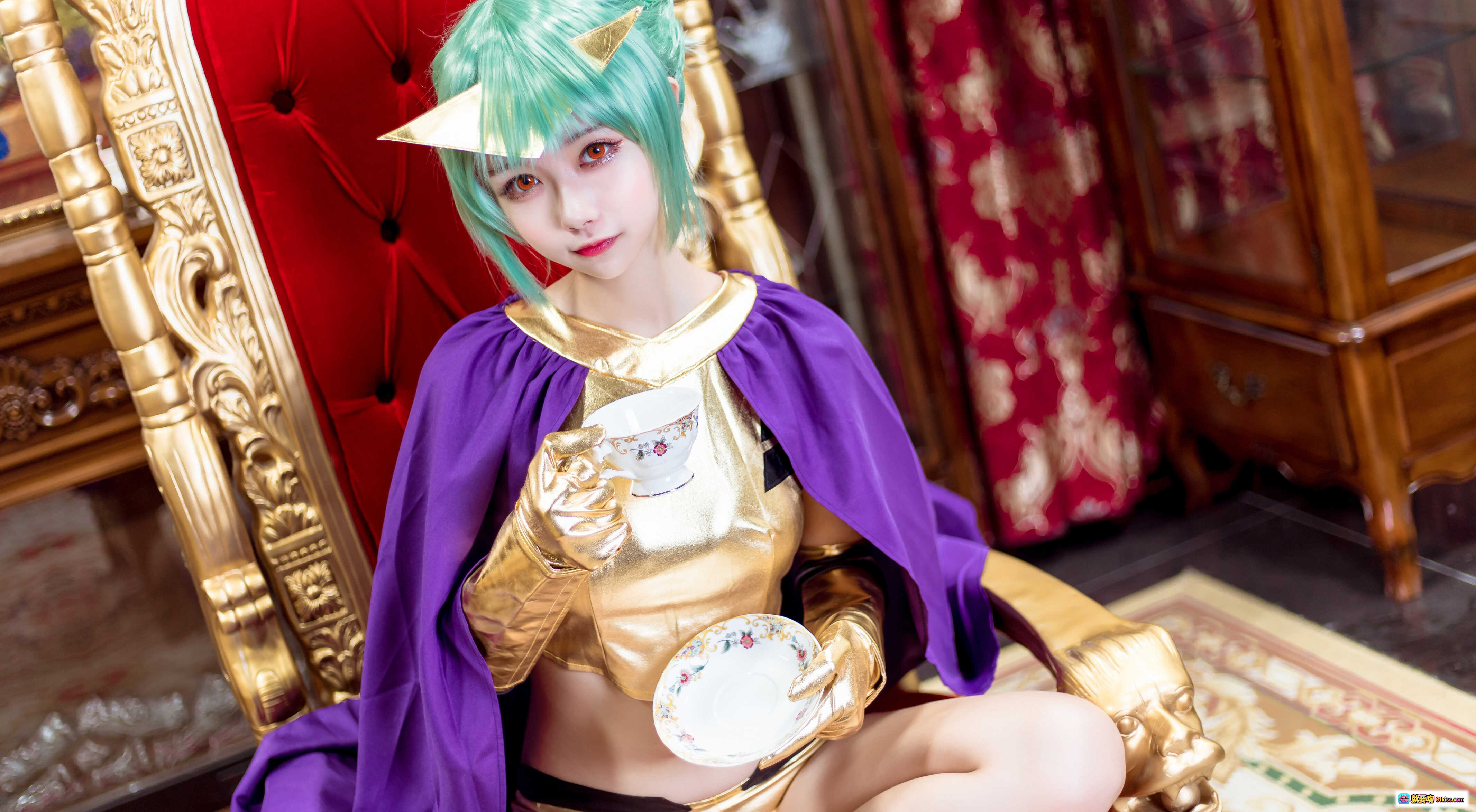 图片[3] - Momoko葵葵 NO.008 五月雨 Cosplay 精美绿发猫耳造型 金色战衣紫色披风 奢华宫廷风写真 20P高清图集 - 就要吻