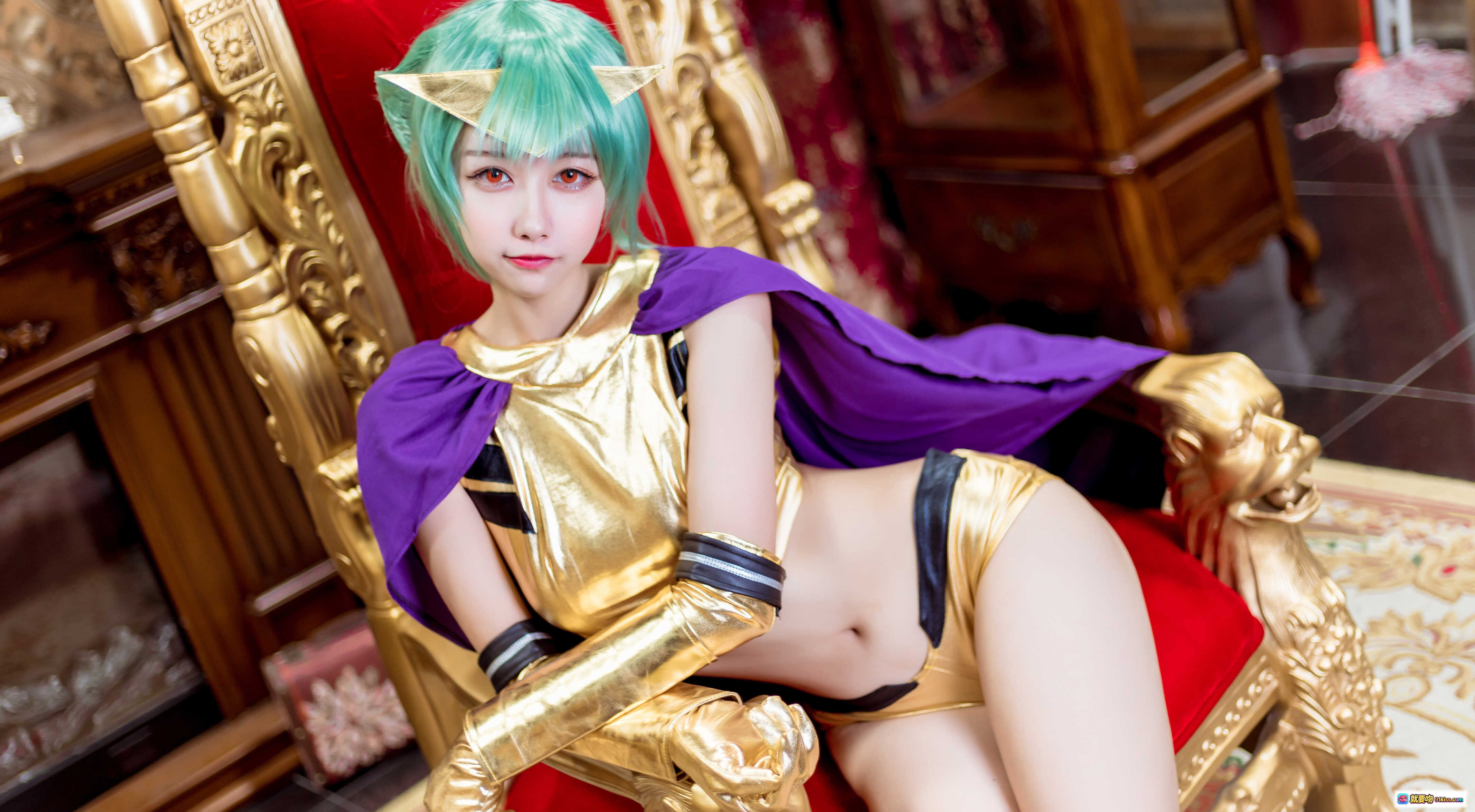 图片[7] - Momoko葵葵 NO.008 五月雨 Cosplay 精美绿发猫耳造型 金色战衣紫色披风 奢华宫廷风写真 20P高清图集 - 就要吻