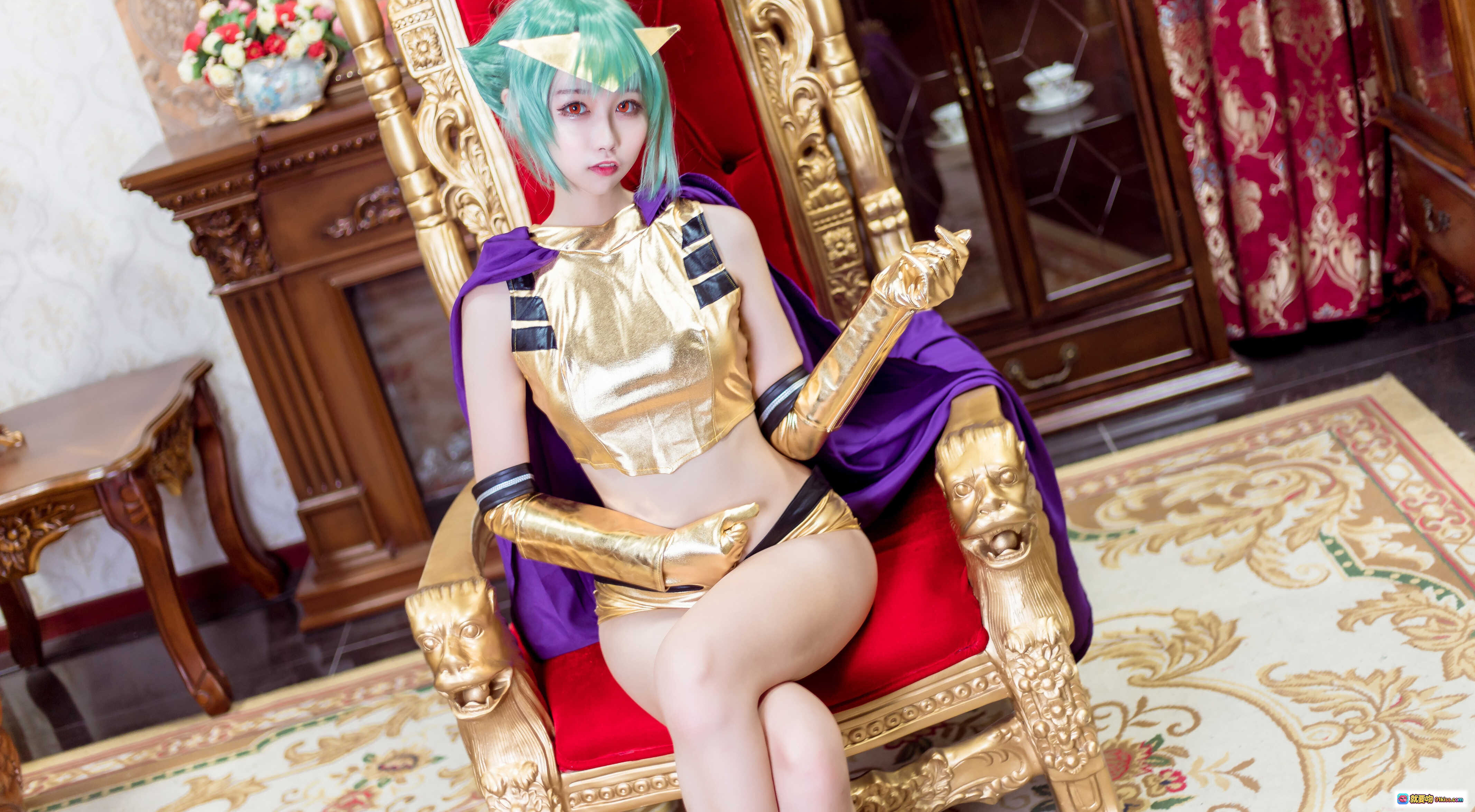 图片[9] - Momoko葵葵 NO.008 五月雨 Cosplay 精美绿发猫耳造型 金色战衣紫色披风 奢华宫廷风写真 20P高清图集 - 就要吻