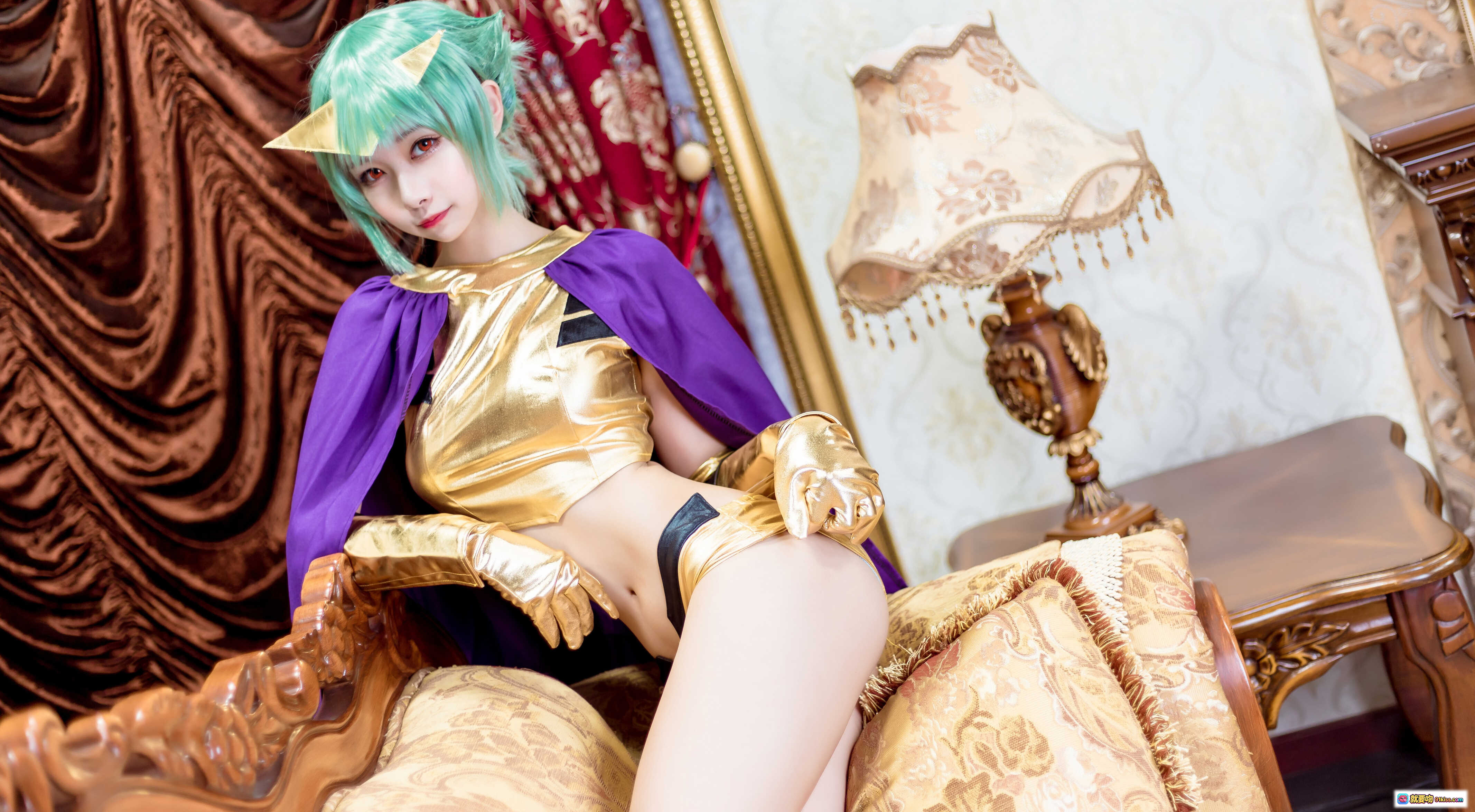 Momoko葵葵 NO.008 五月雨 Cosplay 精美绿发猫耳造型 金色战衣紫色披风 奢华宫廷风写真 20P高清图集 - 就要吻