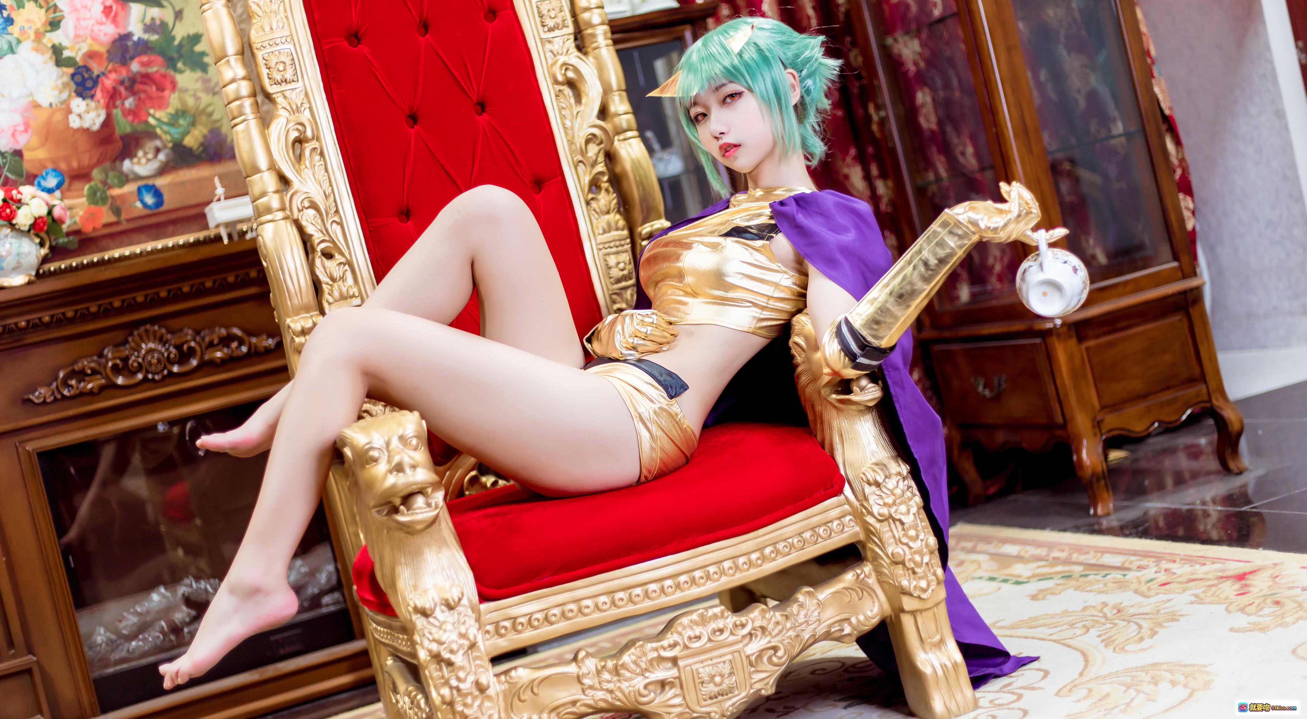 图片[5] - Momoko葵葵 NO.008 五月雨 Cosplay 精美绿发猫耳造型 金色战衣紫色披风 奢华宫廷风写真 20P高清图集 - 就要吻