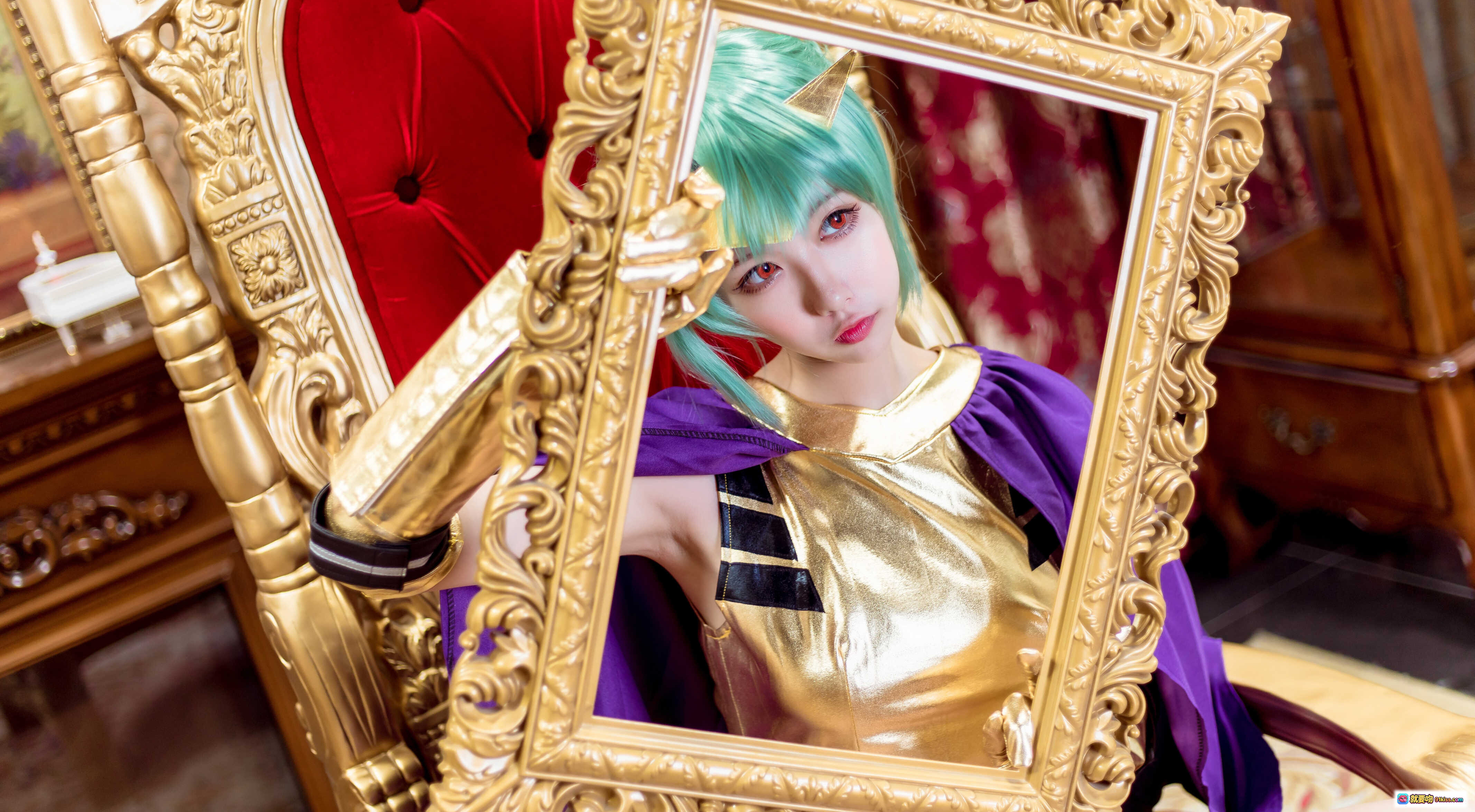 图片[2] - Momoko葵葵 NO.008 五月雨 Cosplay 精美绿发猫耳造型 金色战衣紫色披风 奢华宫廷风写真 20P高清图集 - 就要吻