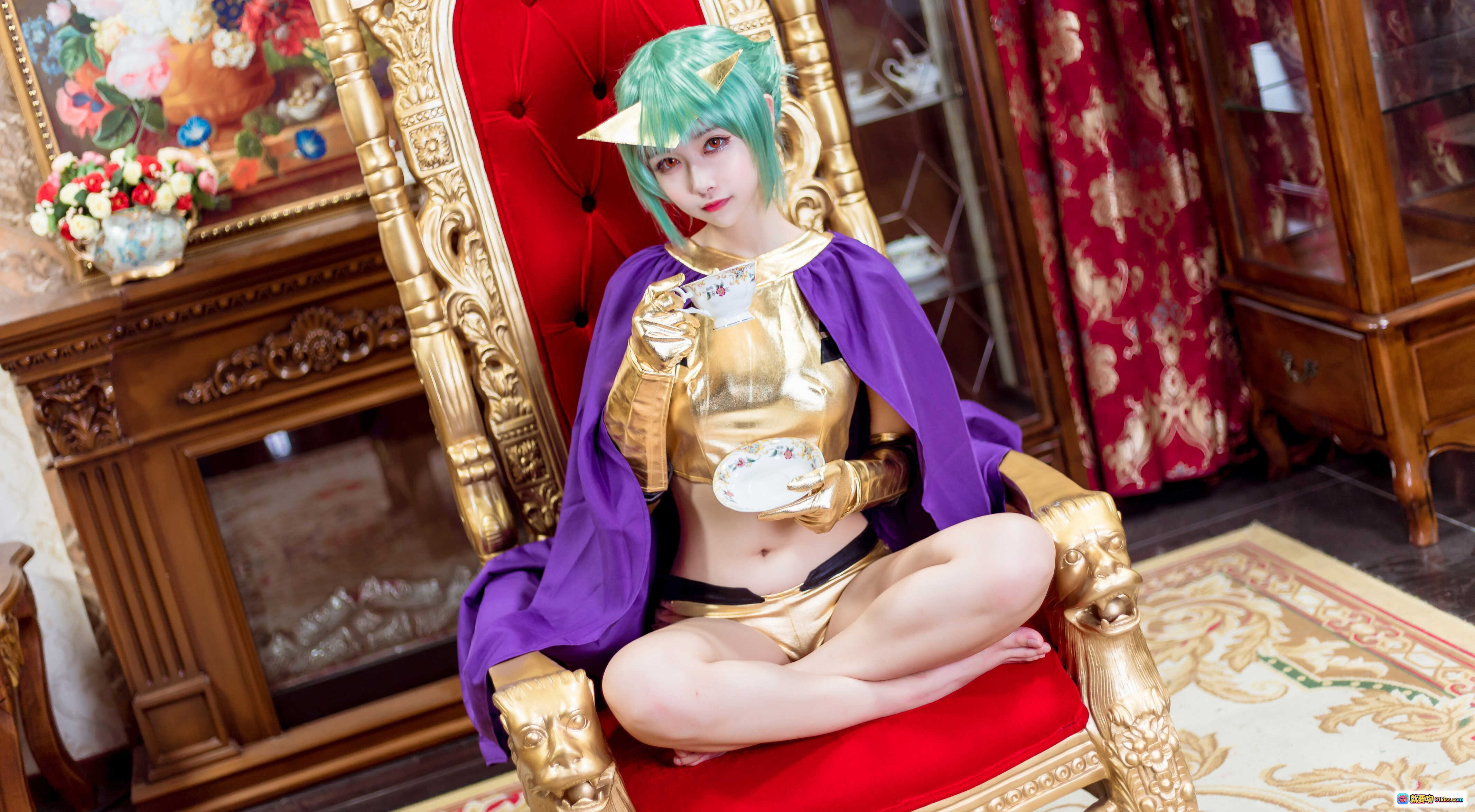 图片[4] - Momoko葵葵 NO.008 五月雨 Cosplay 精美绿发猫耳造型 金色战衣紫色披风 奢华宫廷风写真 20P高清图集 - 就要吻