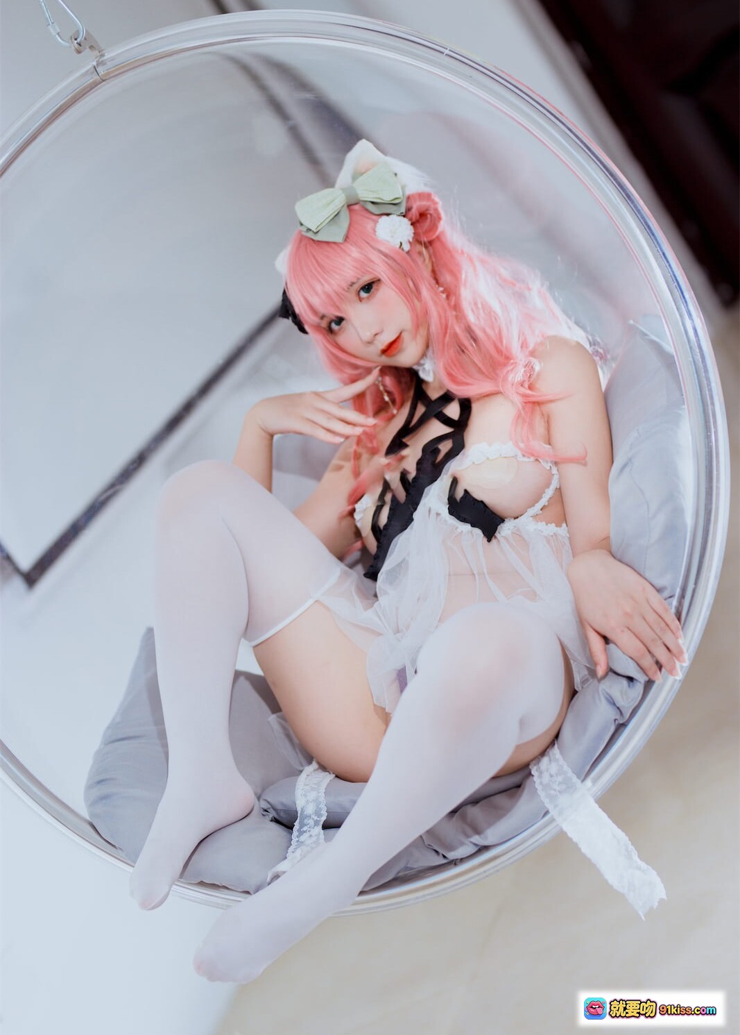 图片[7] - 粉发妹妹九曲Jean NO.050 猫耳洛丽塔cosplay 白黑蕾丝绑带裙 46P高清写真 - 就要吻
