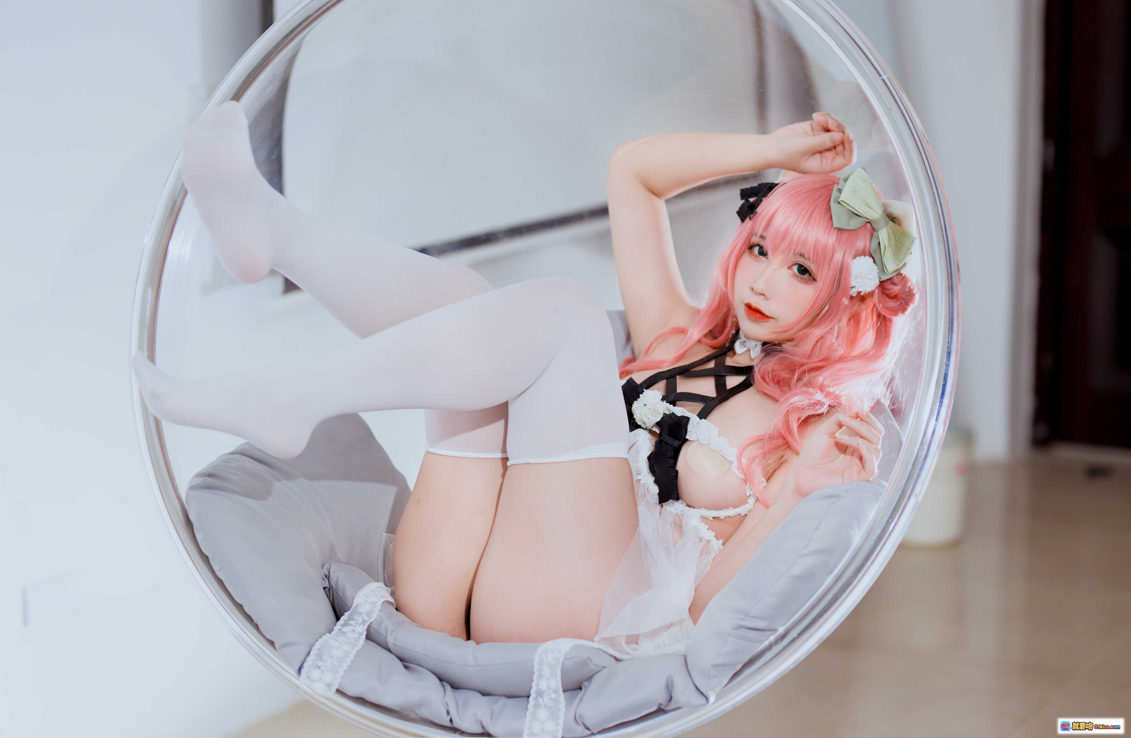 图片[4] - 粉发妹妹九曲Jean NO.050 猫耳洛丽塔cosplay 白黑蕾丝绑带裙 46P高清写真 - 就要吻
