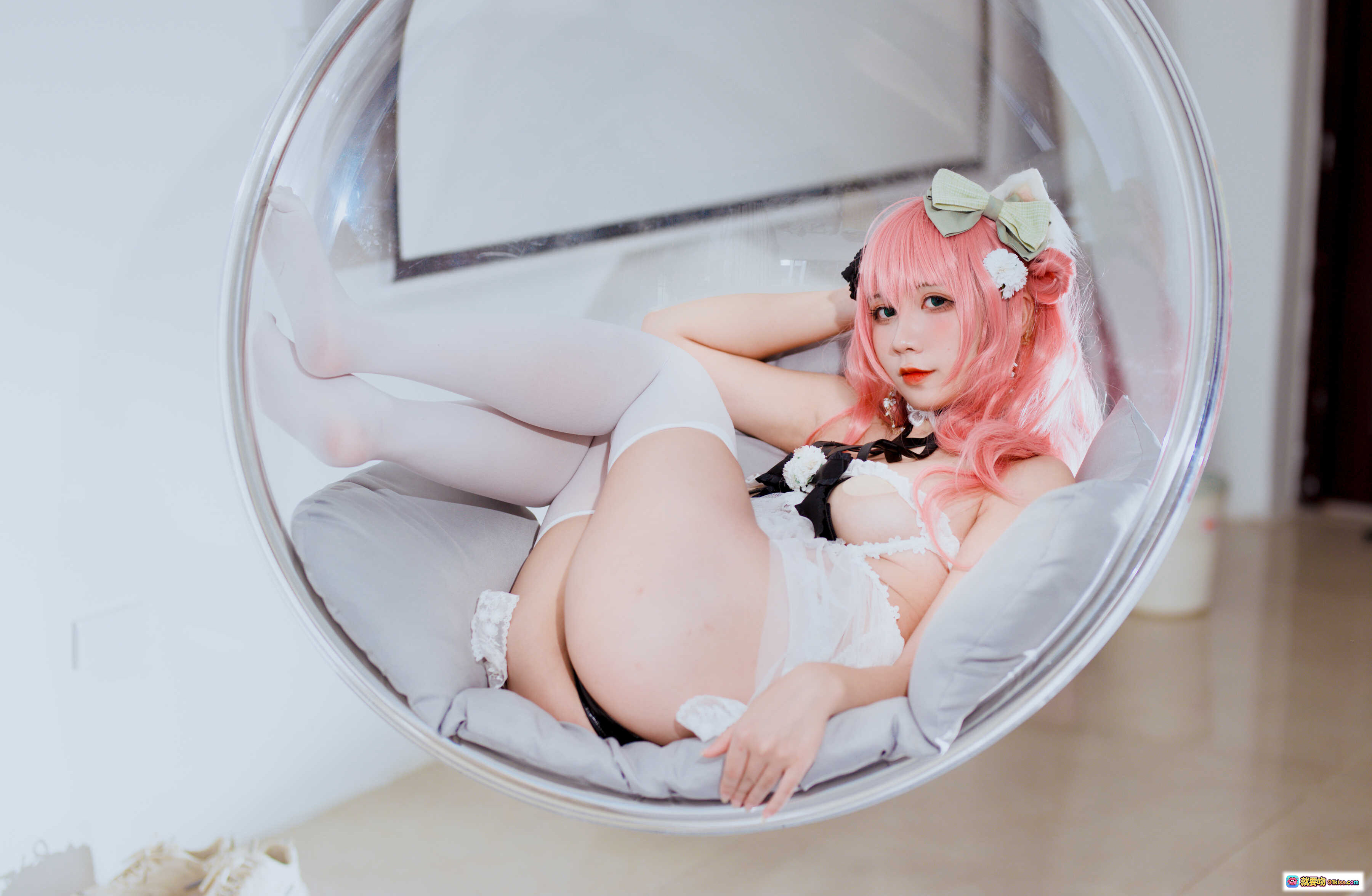 图片[5] - 粉发妹妹九曲Jean NO.050 猫耳洛丽塔cosplay 白黑蕾丝绑带裙 46P高清写真 - 就要吻