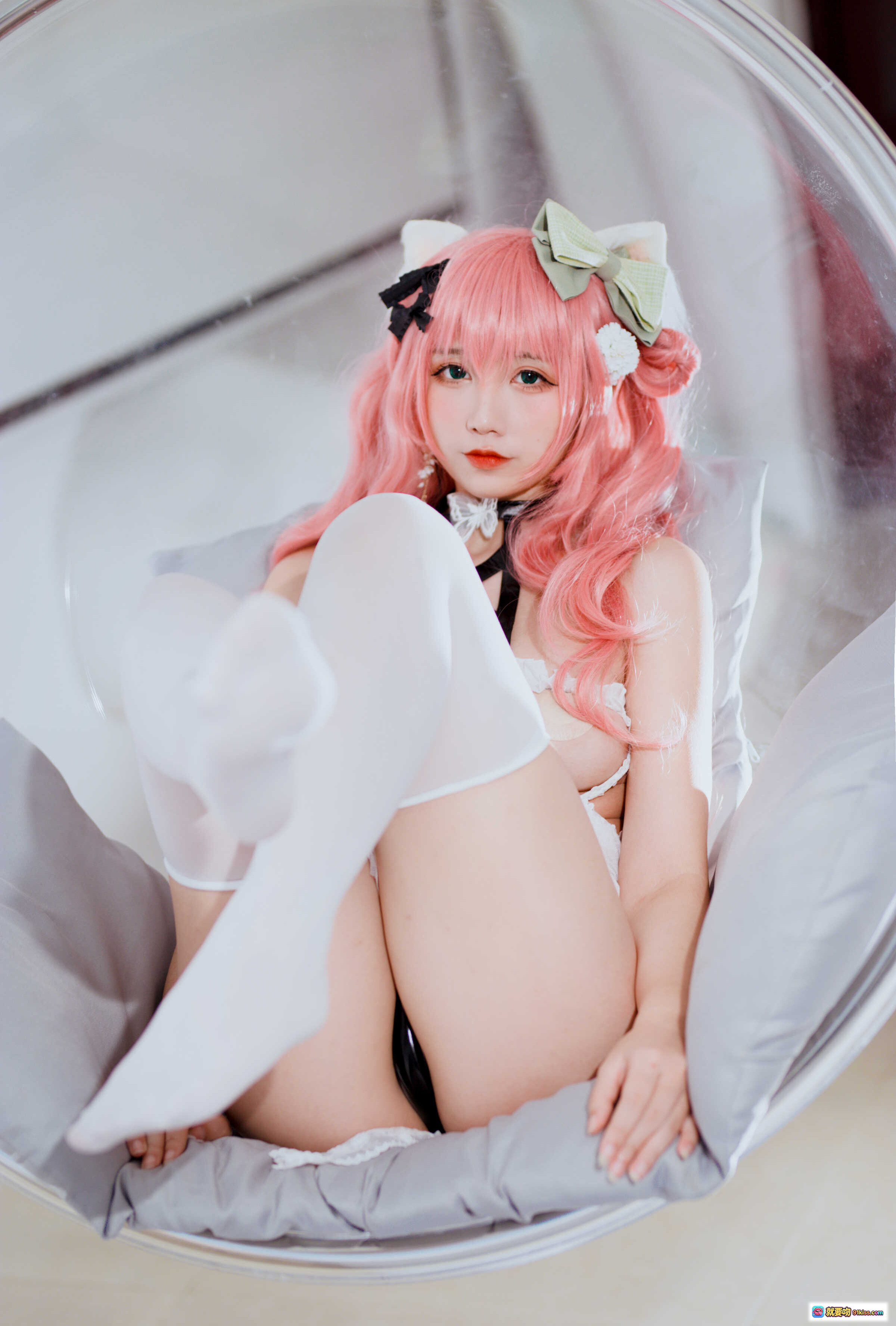 图片[8] - 粉发妹妹九曲Jean NO.050 猫耳洛丽塔cosplay 白黑蕾丝绑带裙 46P高清写真 - 就要吻