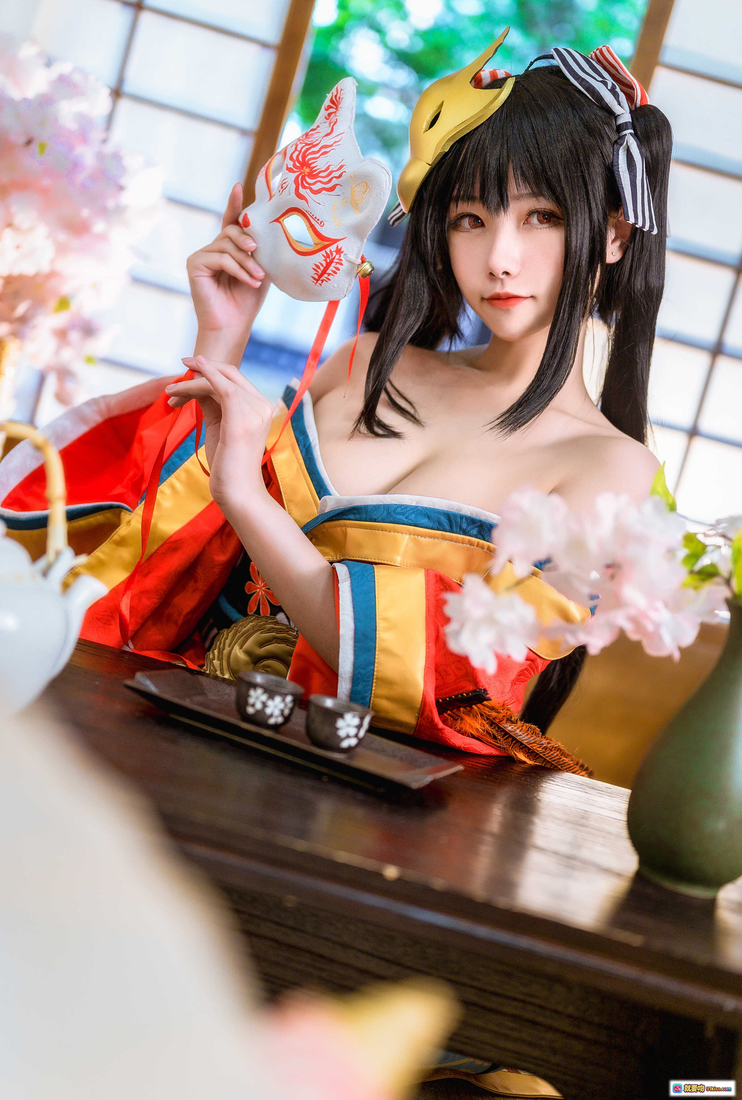 图片[6] - Momoko葵葵NO.023真爱大凤本子4套107P 和风Cosplay 红色振袖 蓝丝袜 金面具 日式庭院 纸灯笼 美少女写真 - 就要吻