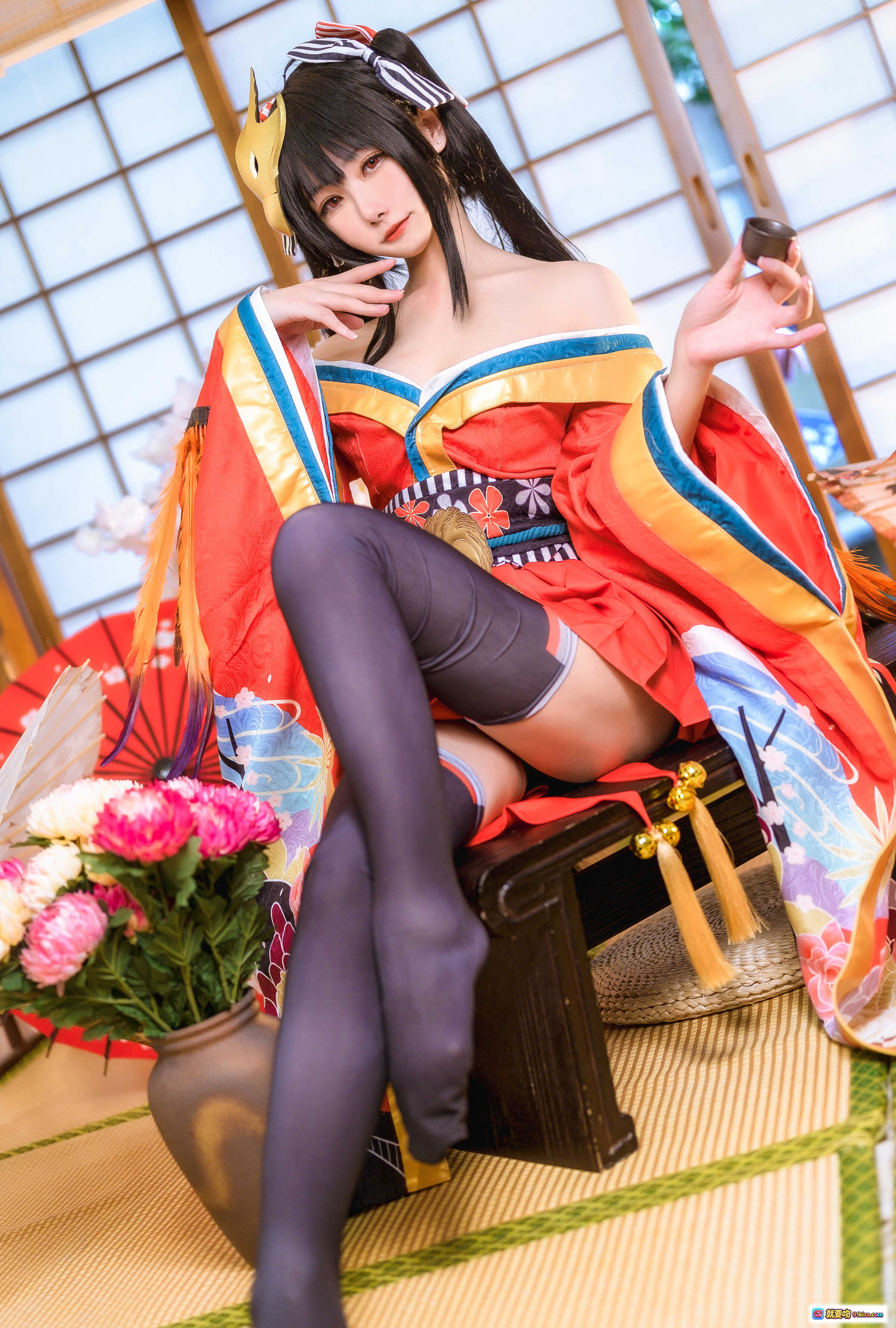 图片[5] - Momoko葵葵NO.023真爱大凤本子4套107P 和风Cosplay 红色振袖 蓝丝袜 金面具 日式庭院 纸灯笼 美少女写真 - 就要吻