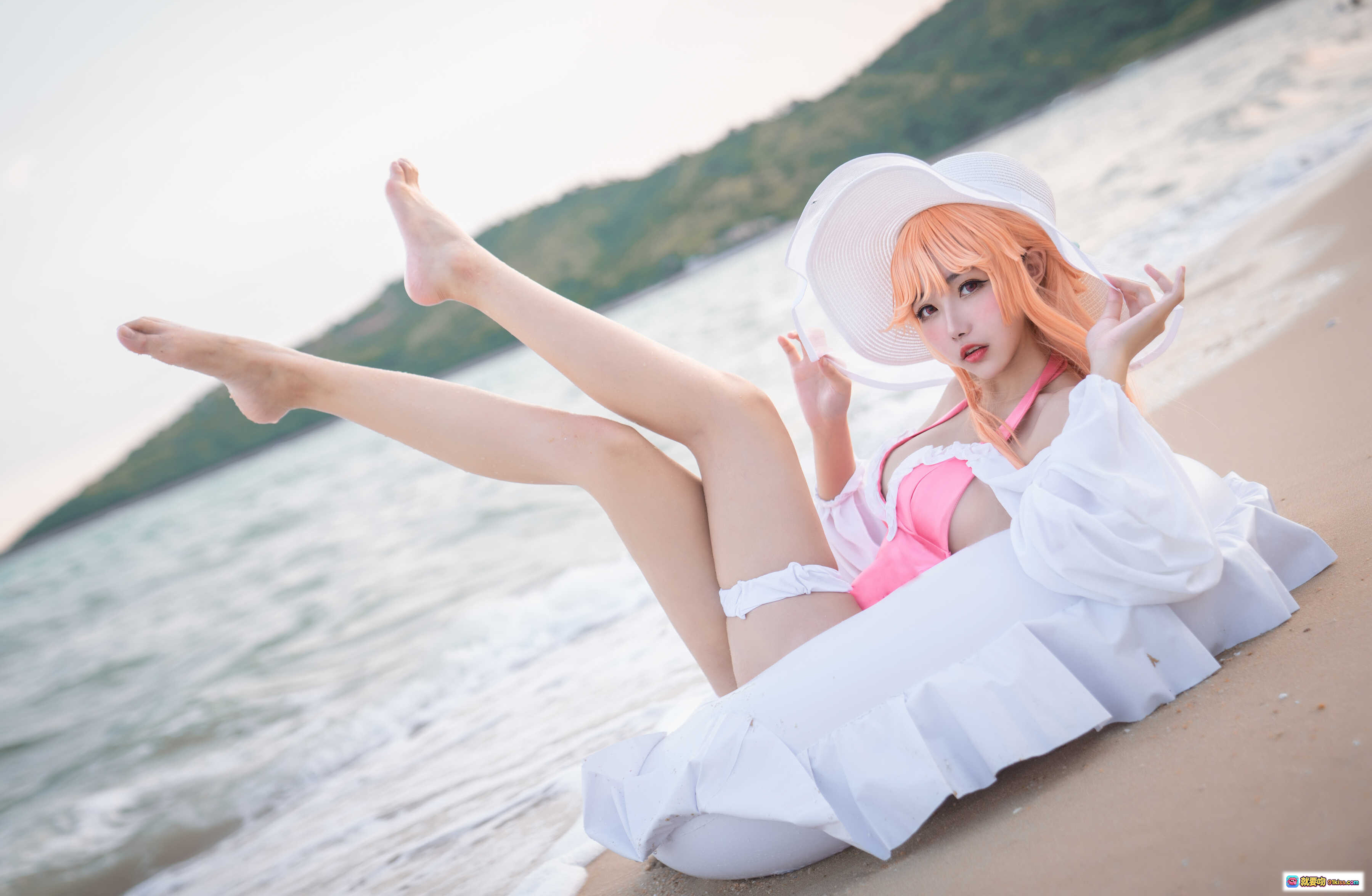 图片[5] - Momoko葵葵黎塞留cosplay海滩写真｜粉色泳衣白帽少女｜20P高清图集 - 就要吻