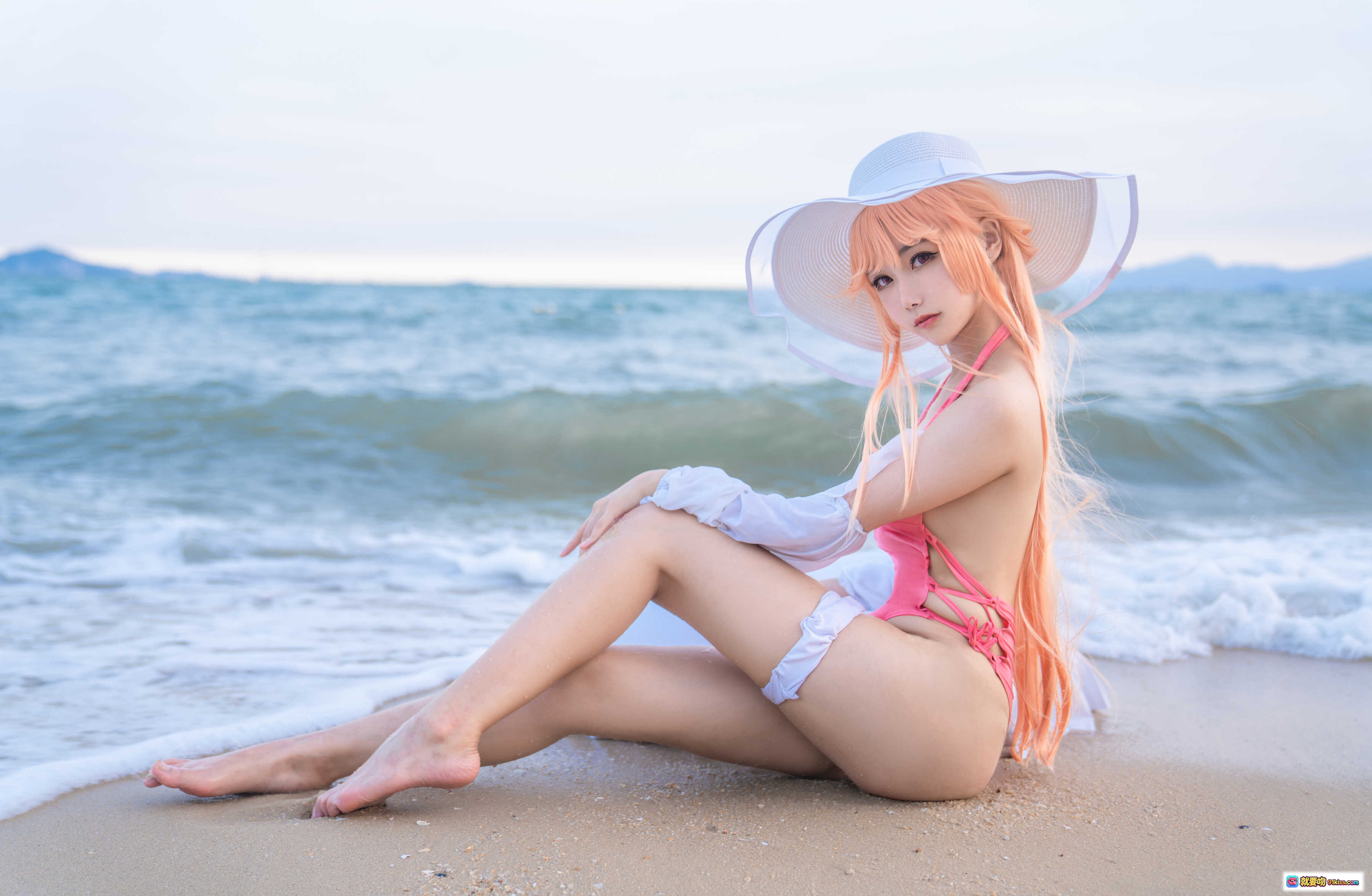 图片[2] - Momoko葵葵黎塞留cosplay海滩写真｜粉色泳衣白帽少女｜20P高清图集 - 就要吻