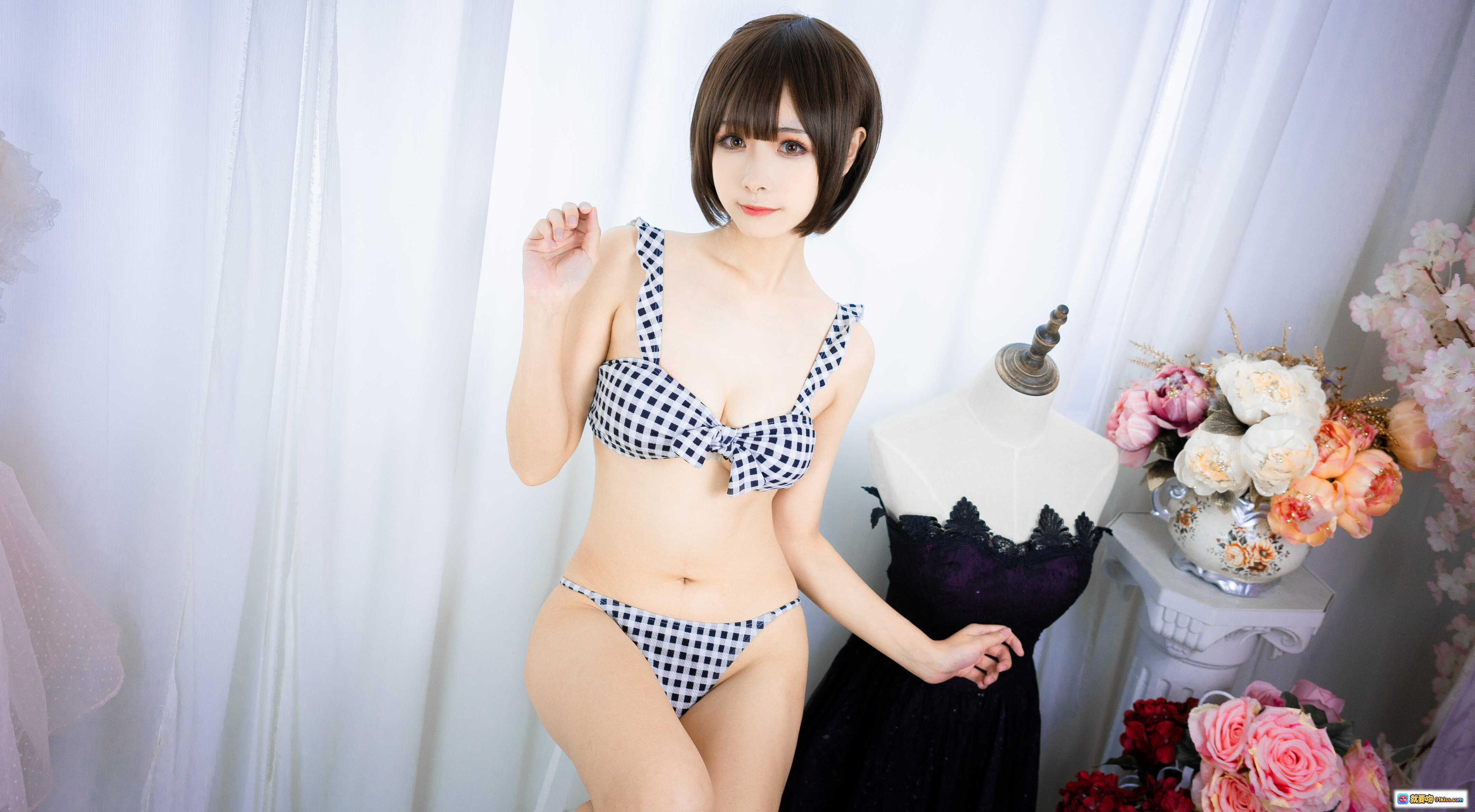 图片[3] - Momoko葵葵 NO.002 空音 20P 格纹比基尼写真 樱花背景少女风 清新甜美性感私房照 - 就要吻