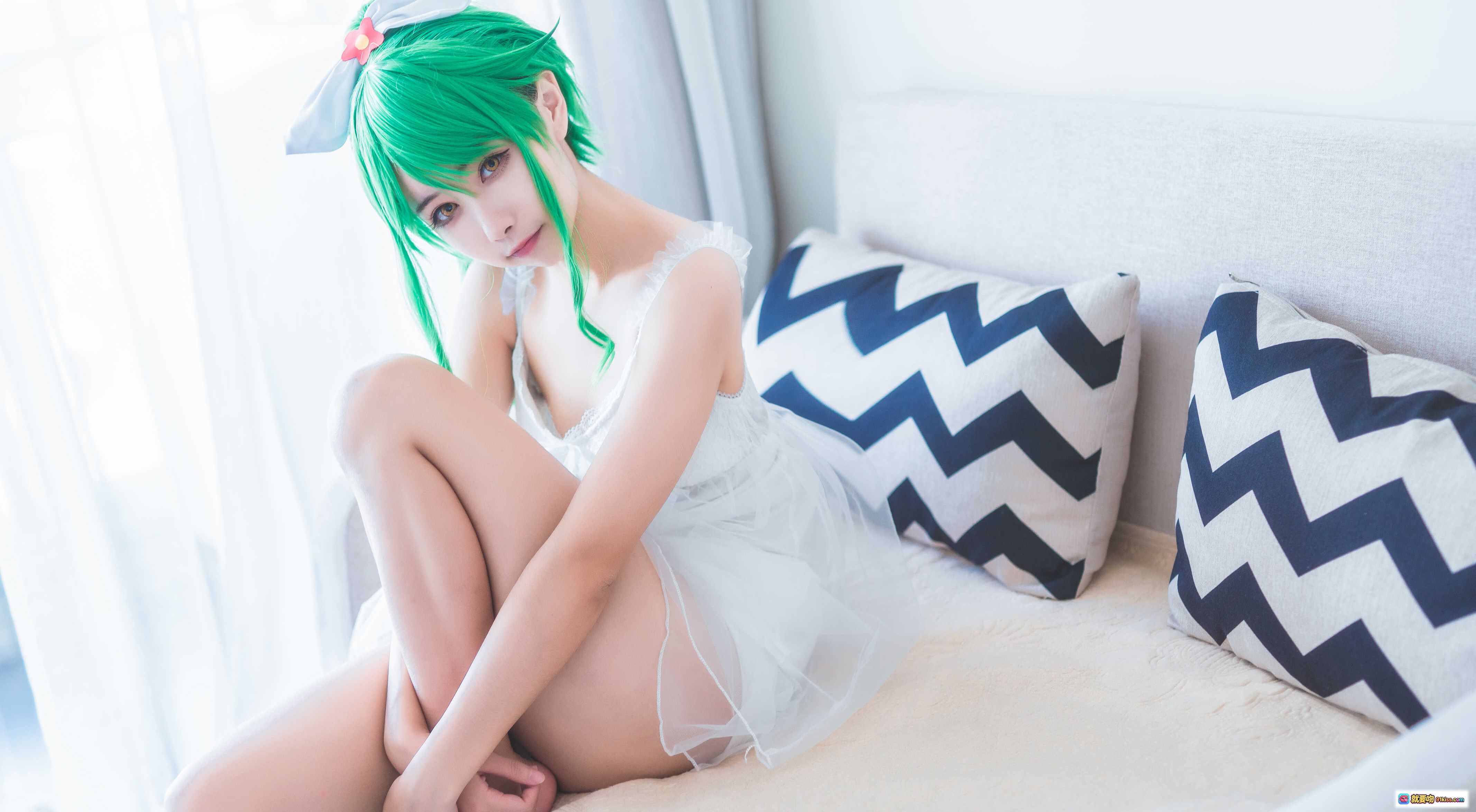 图片[4] - Momoko葵葵NO.001法露忒cosplay写真 20P绿发少女白色睡裙床照清新甜美风 - 就要吻