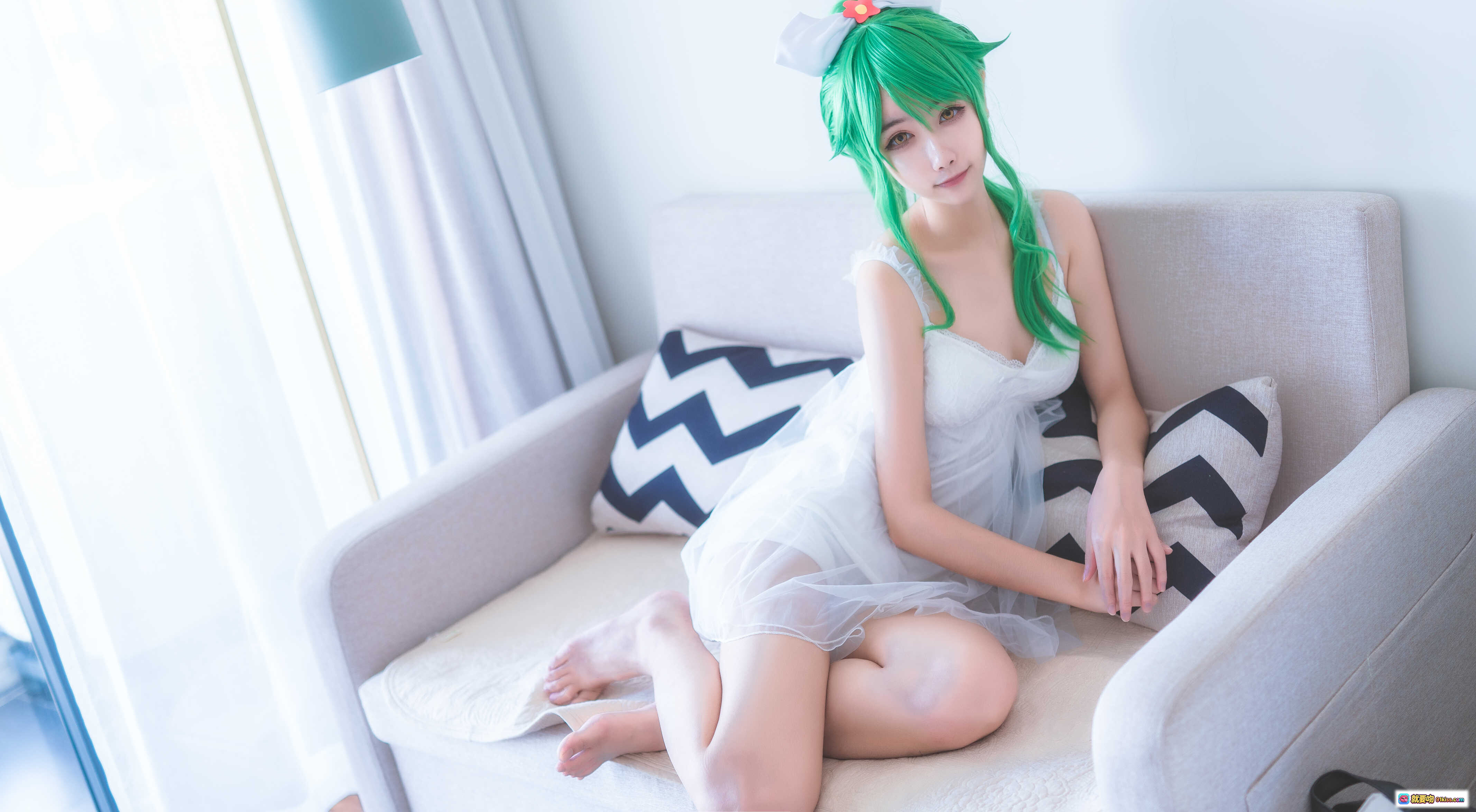 图片[9] - Momoko葵葵NO.001法露忒cosplay写真 20P绿发少女白色睡裙床照清新甜美风 - 就要吻
